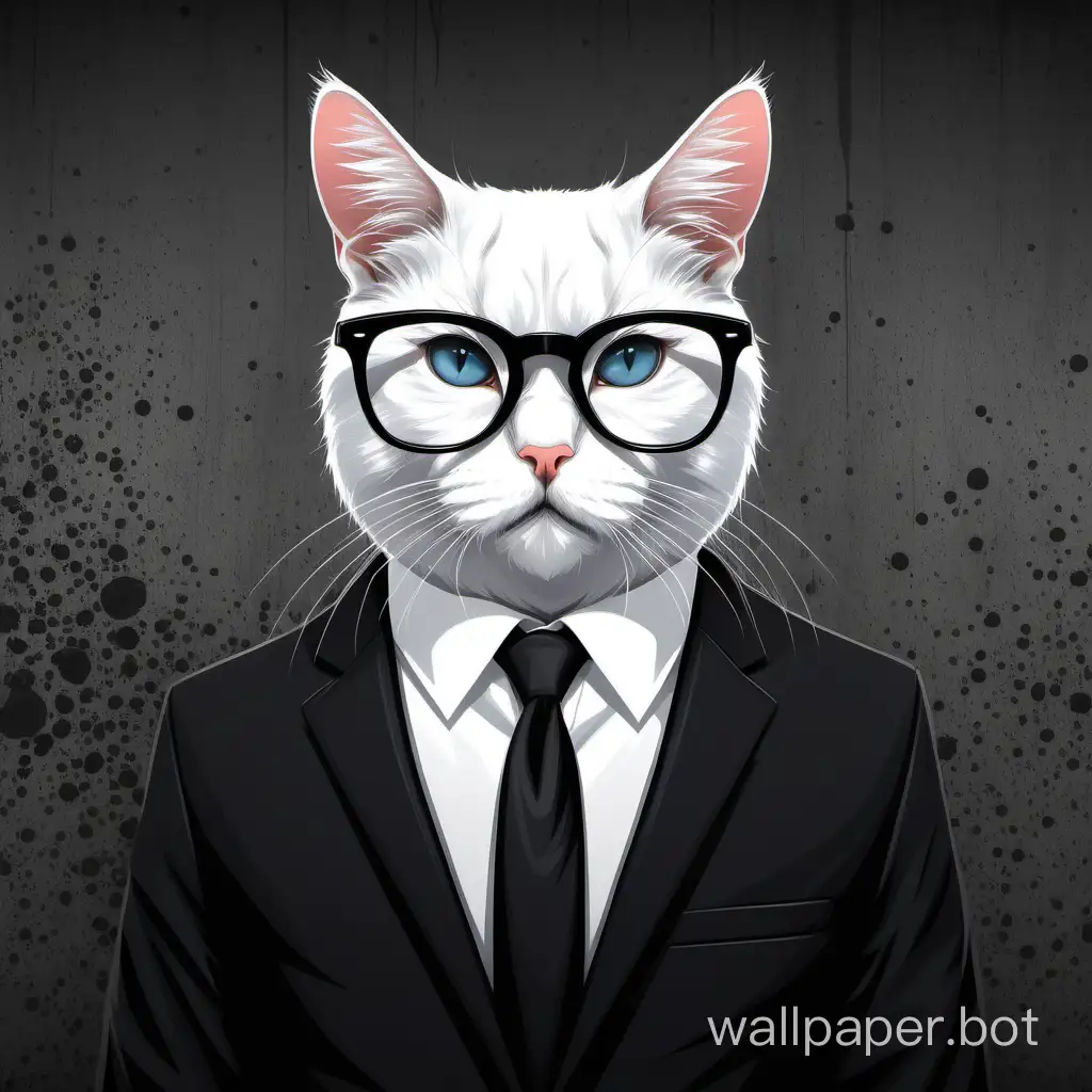 white cat, black glasses, strict black suit, concrete background, vector,