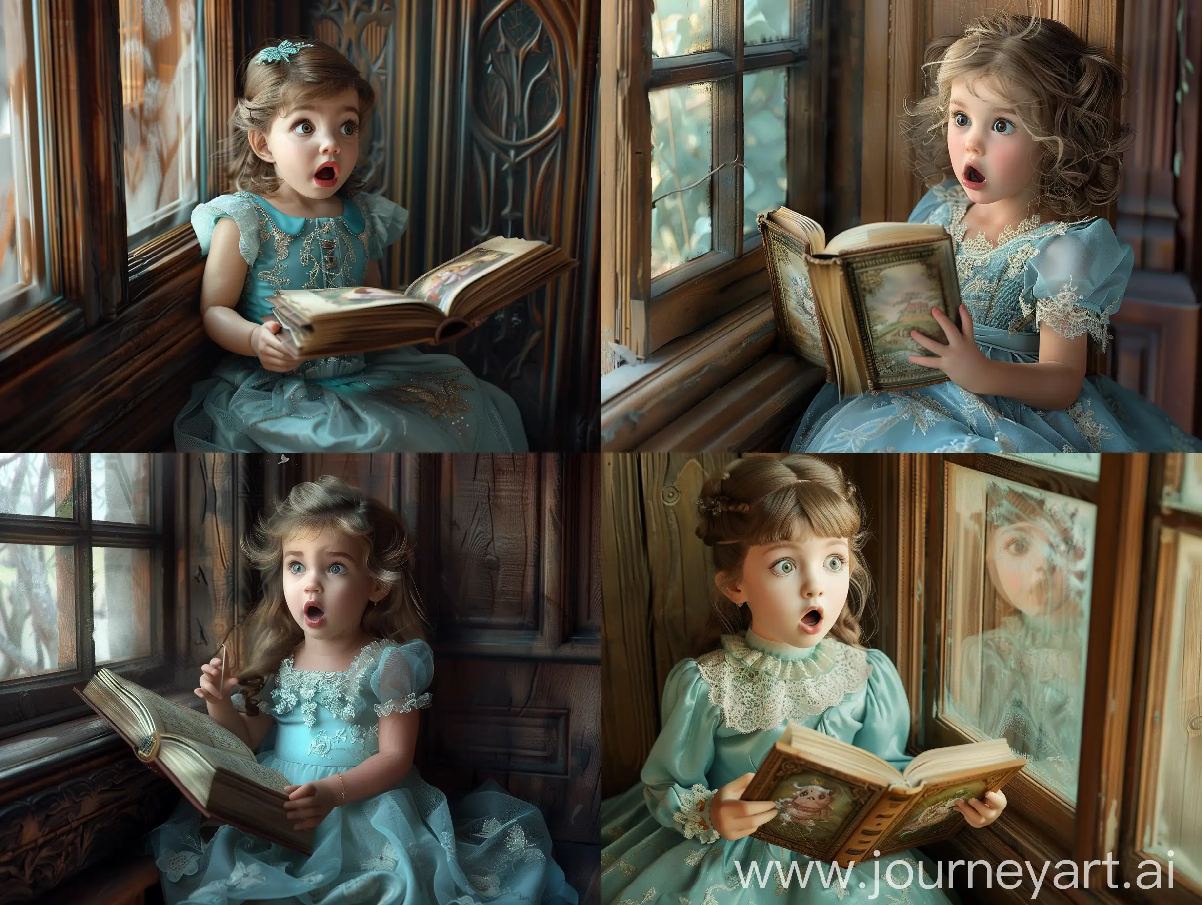 Enchanted-Child-in-Vintage-Dress-Reading-Beside-Wooden-Window