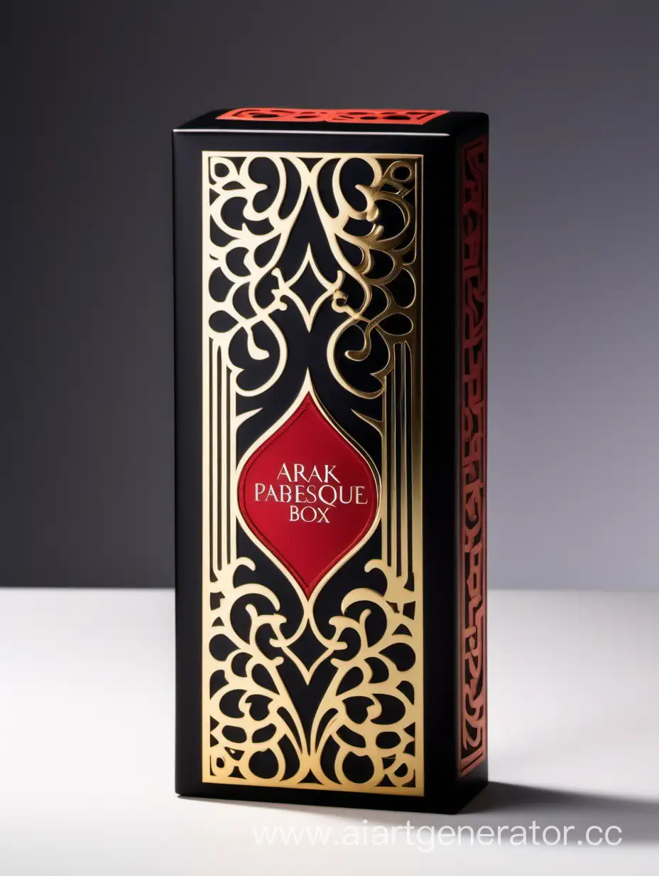 Luxury-Perfume-Box-Elegant-Dark-Matt-Black-and-Gold-Red-Design-with-Arabesque-Pattern