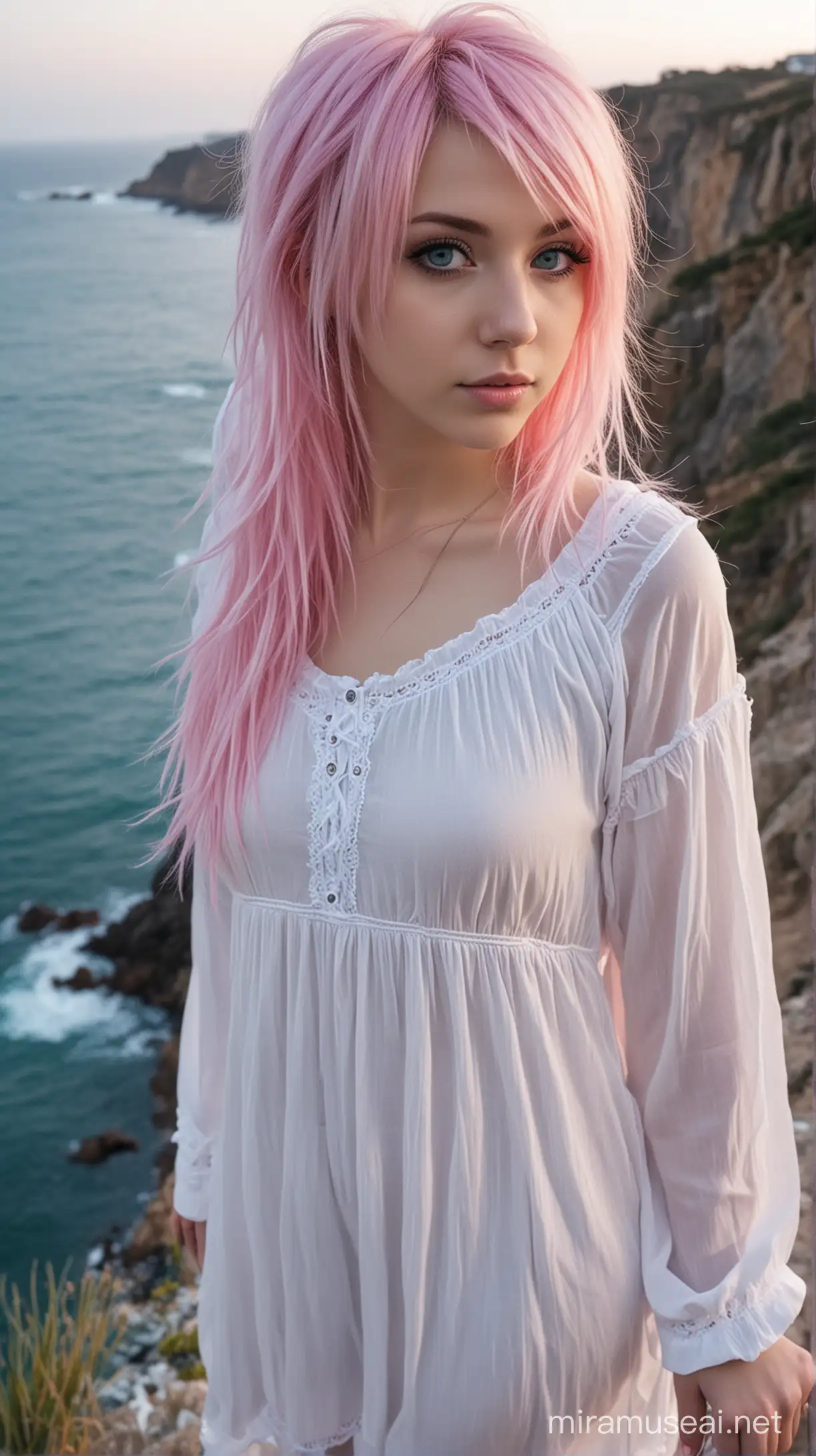 Cute and adorable 22 years old emo girl with long pink and white emo hairstyle, absolutely gorgeous , blue eyes, white soft skin, wearing white nightdress, outside in the night and on the edge of a cliff above the sea"