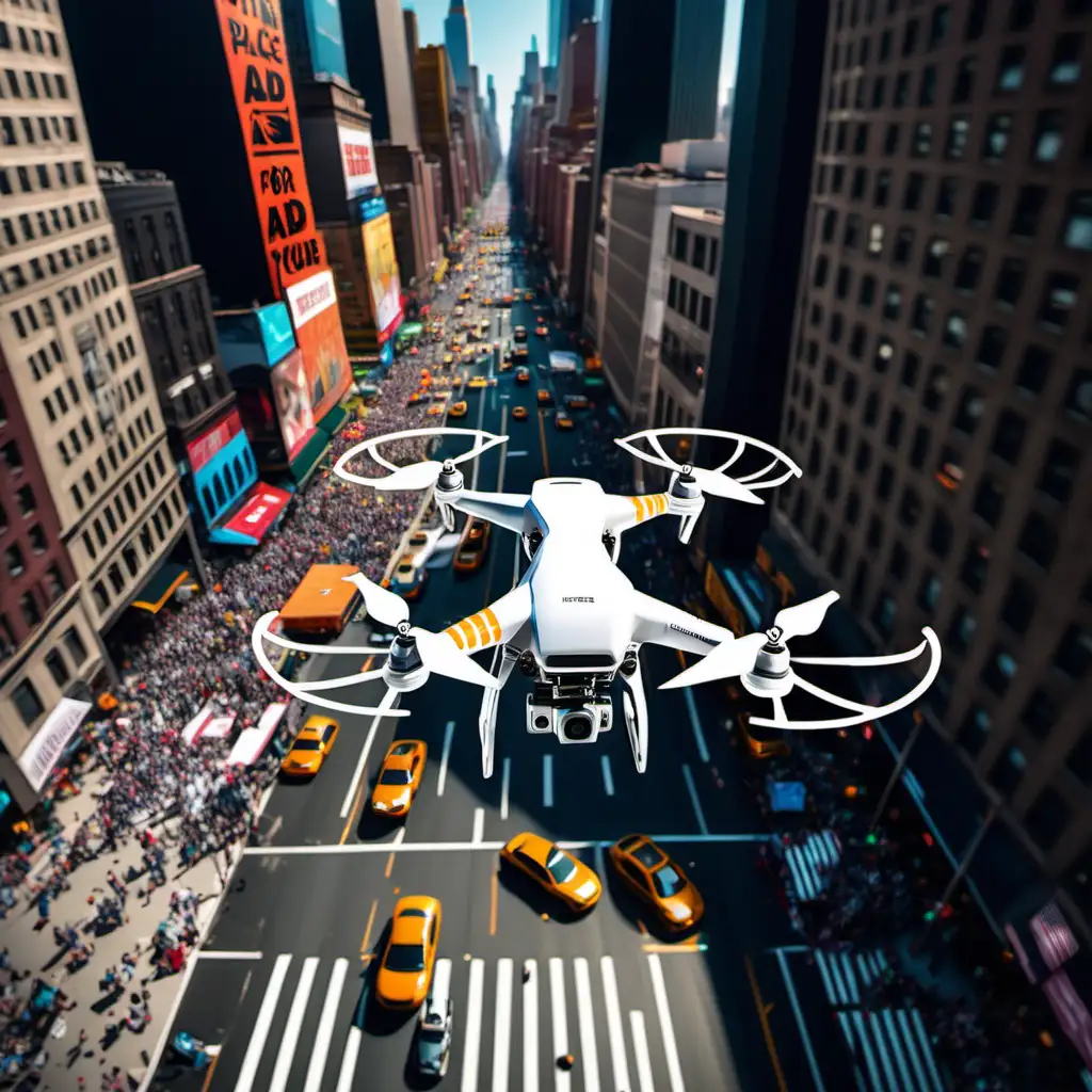 "Create a captivating scene using MidJourneyAI, featuring a vibrant aerial view of two drones soaring over a bustling crowd in New York. The drones should be prominently displaying a dynamic banner that reads 'Here's a place for your ad.' Capture the essence of the city's energy and the potential for innovative advertising in this bustling urban setting