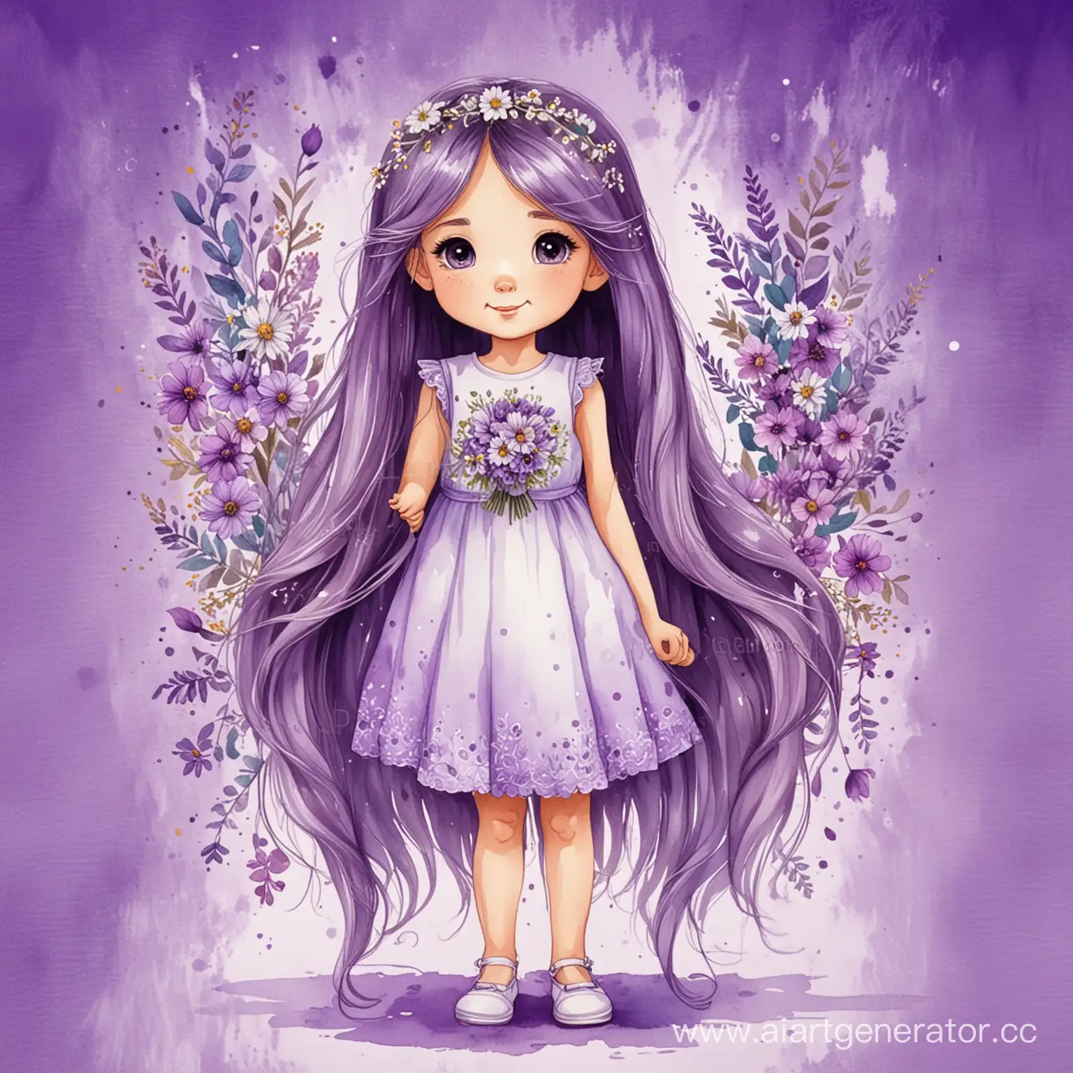 милая маленькая девочка с длинными волосами в полный рост с украшениями и букетом, на фиолетовом акварельном фоне, акриловая прорисовка, мультяшный стиль
