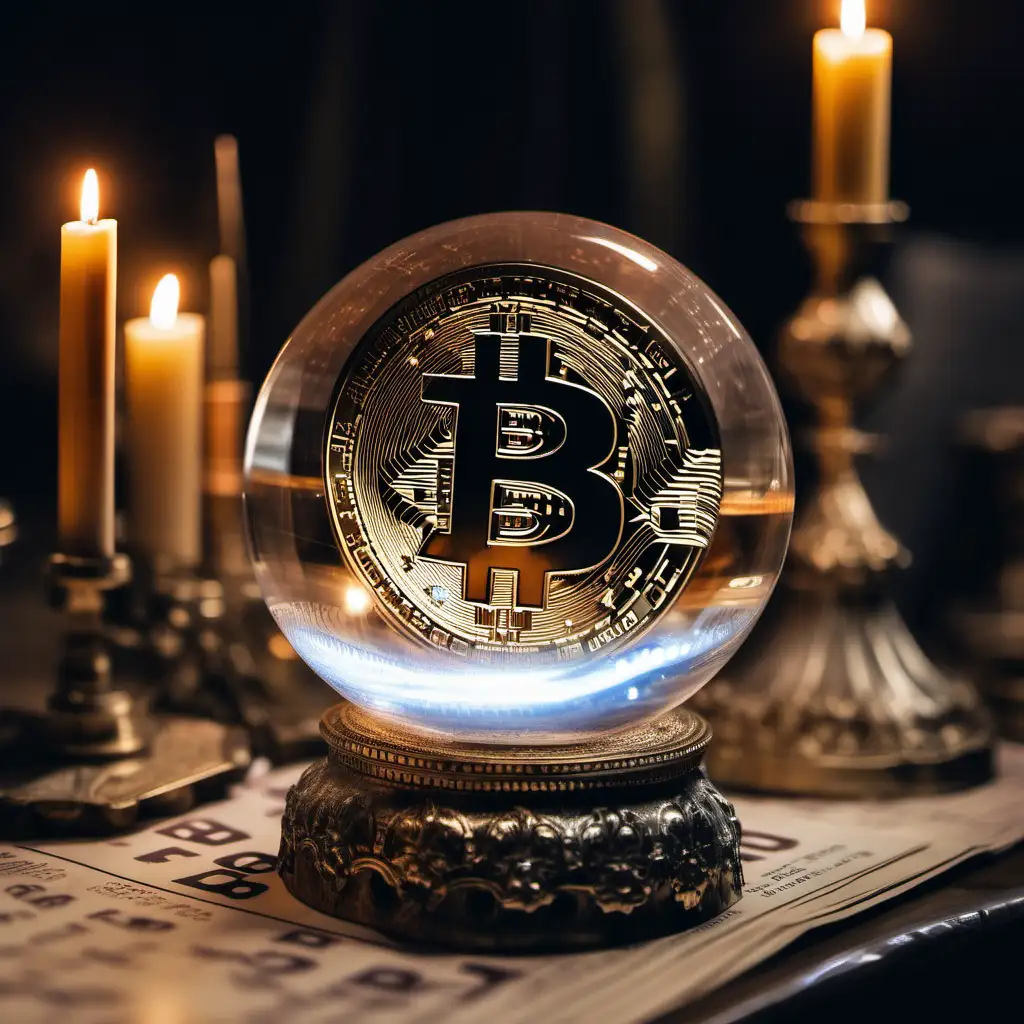 eine wahrsagerglaskugel steht auf einem Tisch in ihr ist ein bitcoin zu sehen