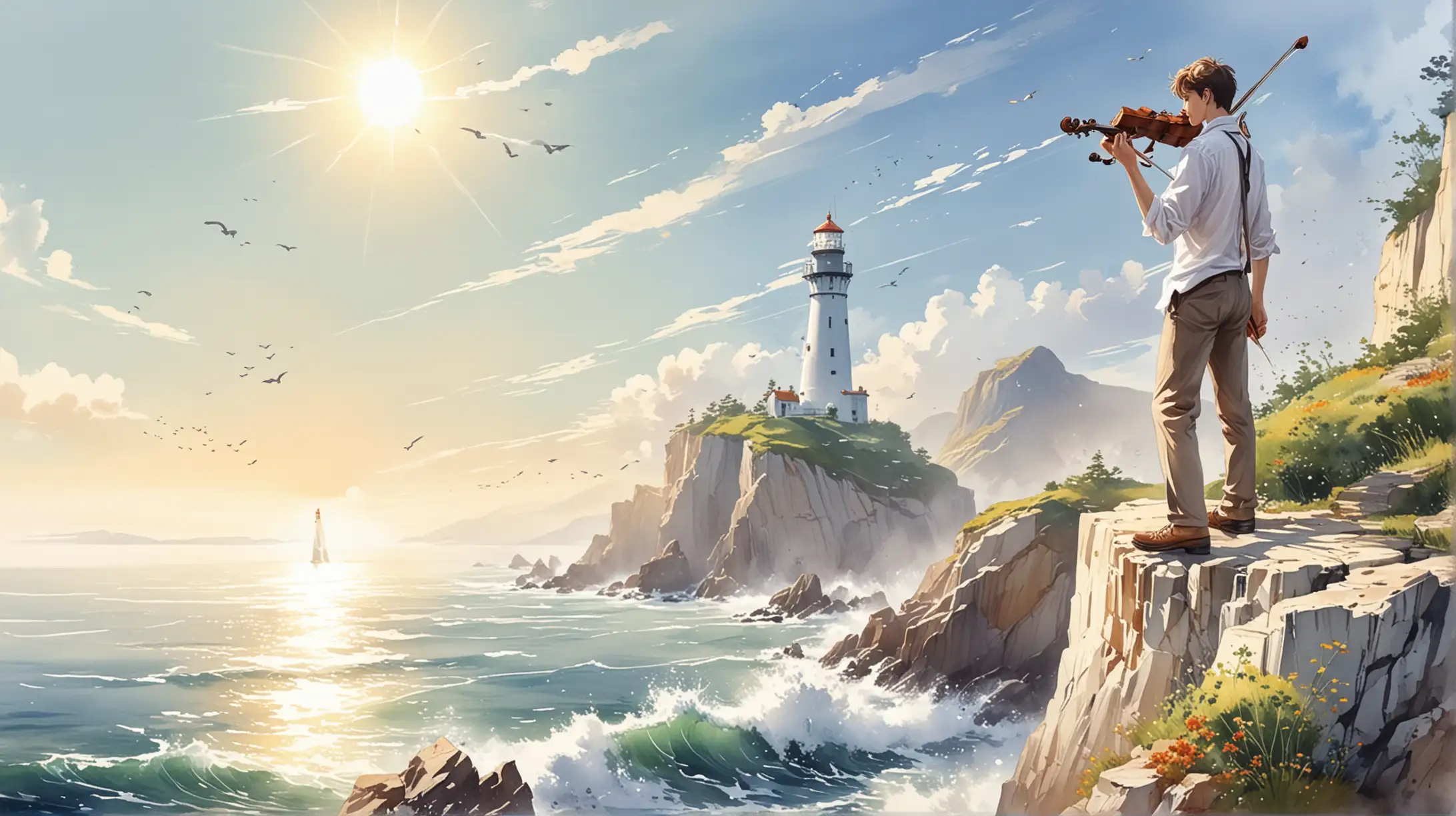 on a white background, painted in watercolor in anime style, coast, sunny day, wind, lighthouse, a man in a white shirt stands on the edge of a cliff and plays the violin, confrontation, rivalry, inspiration, flight