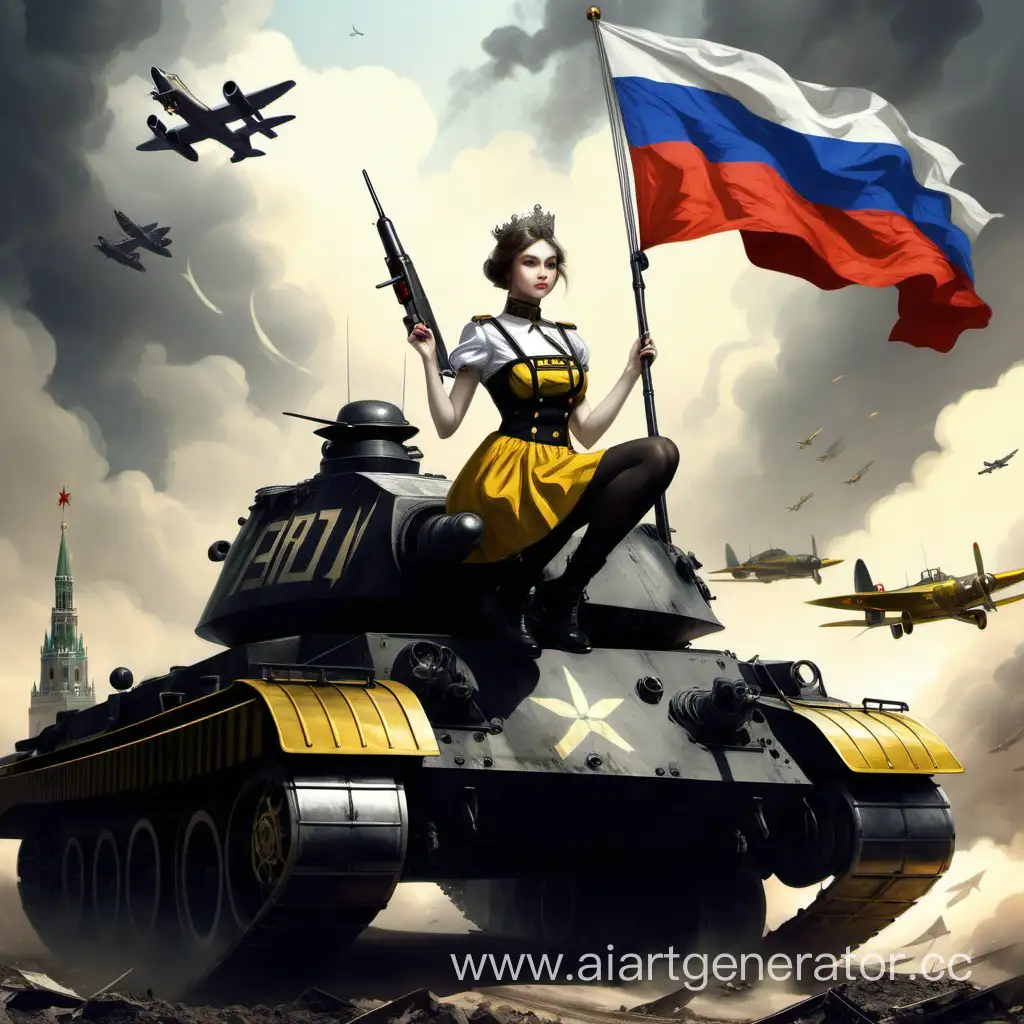 Российская Империя,мощь,девушка,танк,самолет,флаг имперской России,черно желто белый