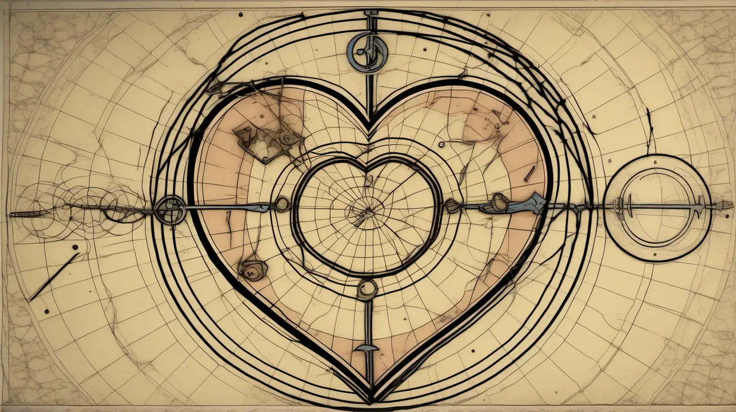 asrological wheel, pluto opposite venus, heart shapes, loose lines, muted colors, barbed wire
