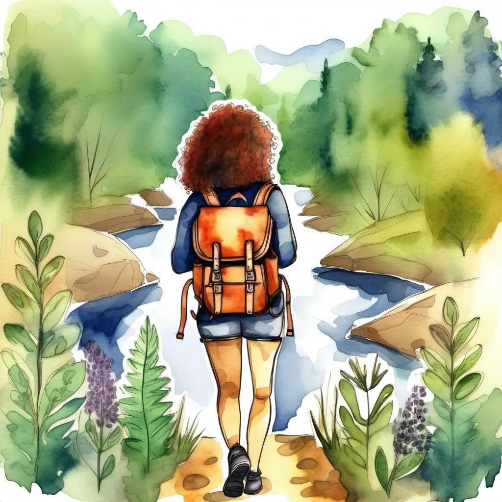 solo female traveler with curly hair, backpack, in nature, watercolor style