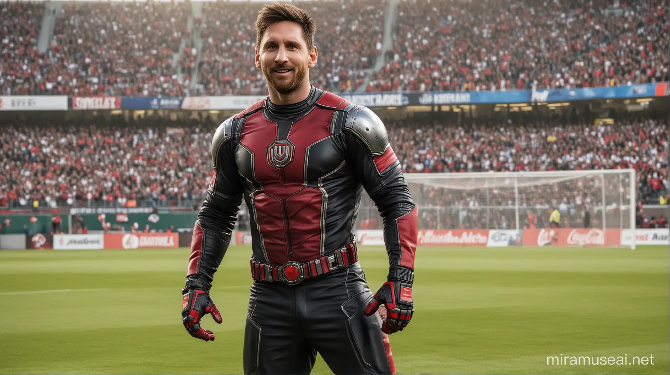 Lionel Messi the Soccer player transformes into the comic book superhero Ant-Man Standin Right in the football field , Super Smiley Face, full body, looking Directly at the Camera, Wearing Ant-Man costume which is red and black, .