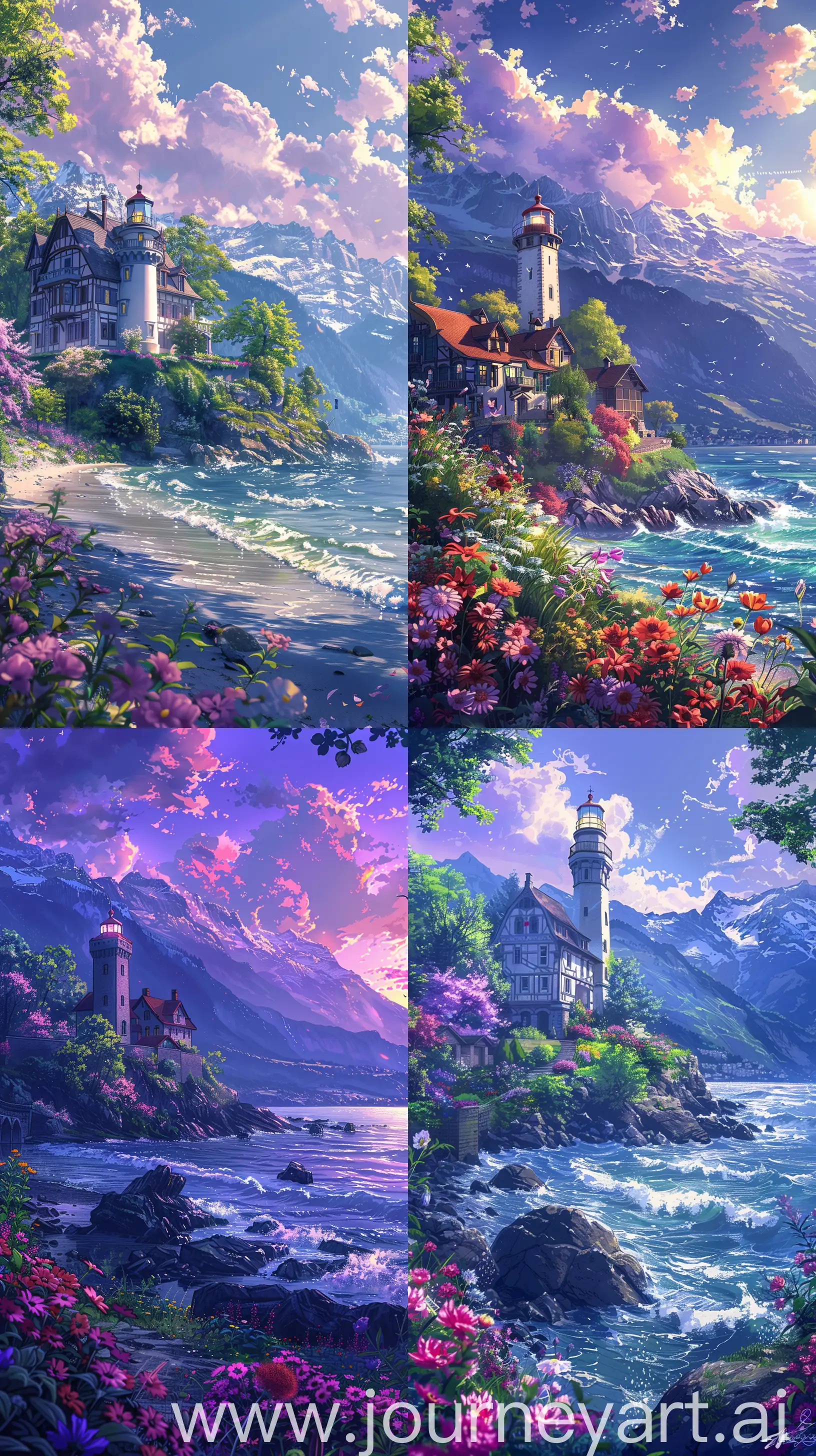 Beautiful anime scenary, mokoto shinkai style lighthouse in switzerland, anime view, beautiful light purple and blue sky, style manor, mesmerizing view, waves, flowers garden, illustration, ultra HD, high quality, sharp details, no hyperrealistic --ar 9:16 --s 400