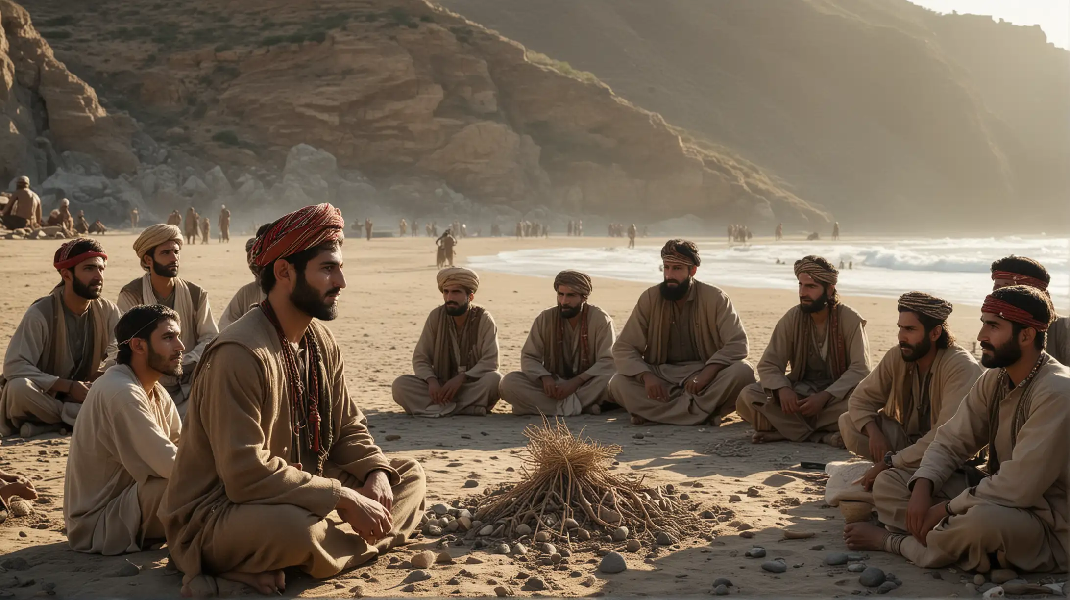 Cinematic image of young Iranian tribal leader is holding a gathering of his tribesmen in a group meeting at a coastal area