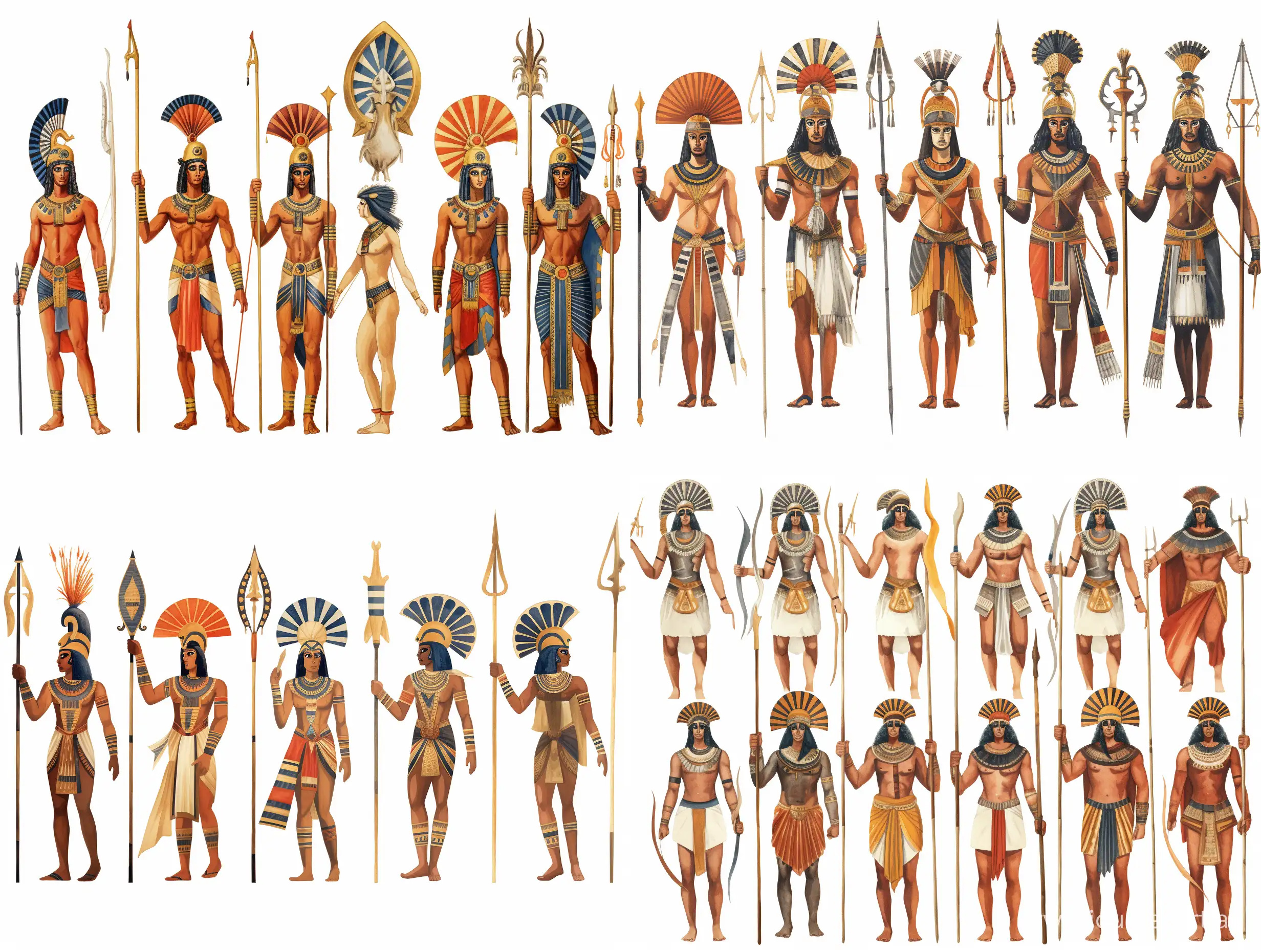 Eight variants of an ancient Egyptian, an Egyptian warrior, with a spear, stylized caricature, Victor Ngai, watercolor, ink, decorative, flat drawing, on a white background --ar 4:3 --no 29469