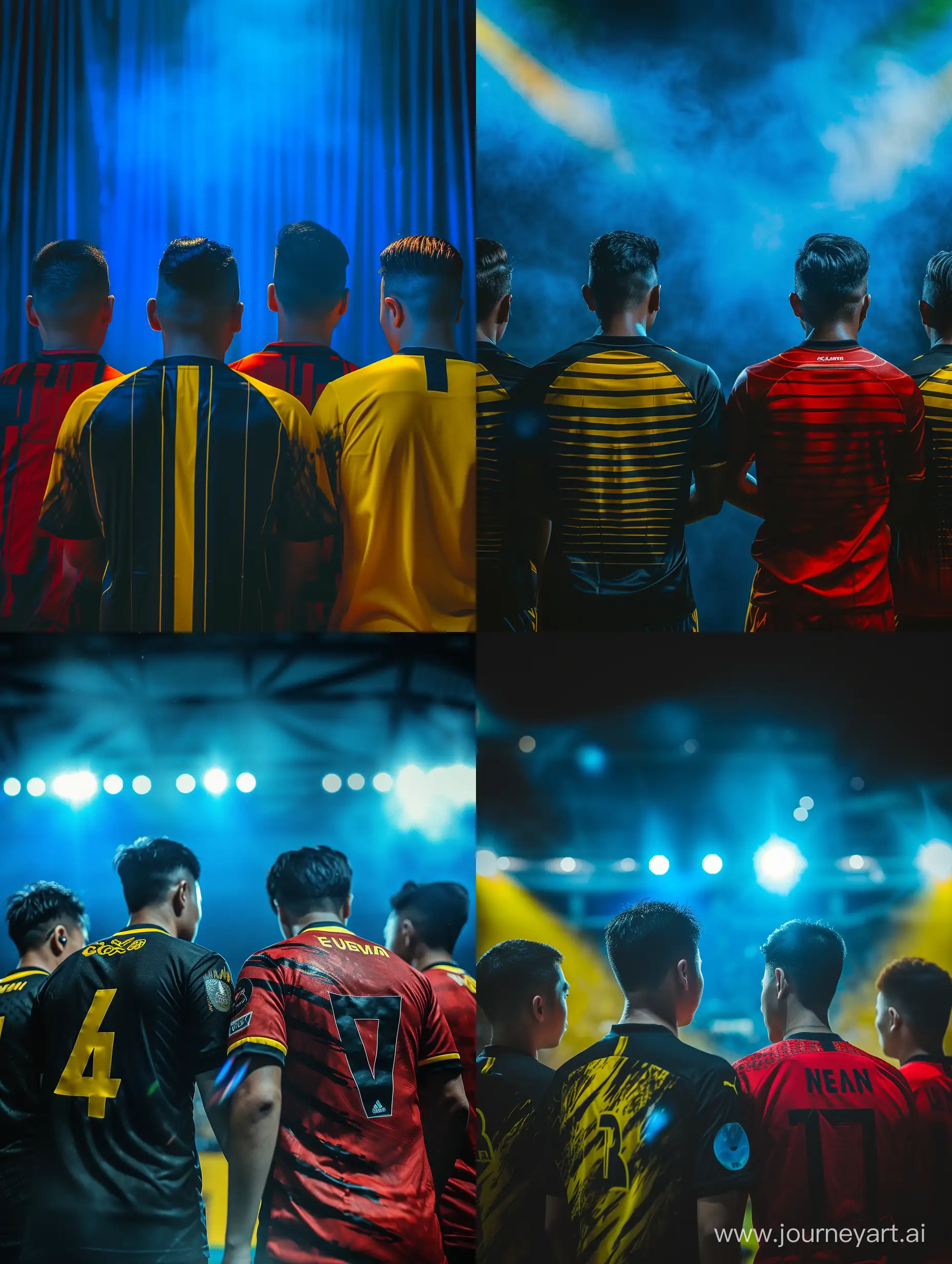 Realistic of a view from the back of four Malaysian national football players. black and yellow jersey. there is blue and yellow lighting. red and yellow jersey. canon eos-id x mark iii dslr --v 6.0