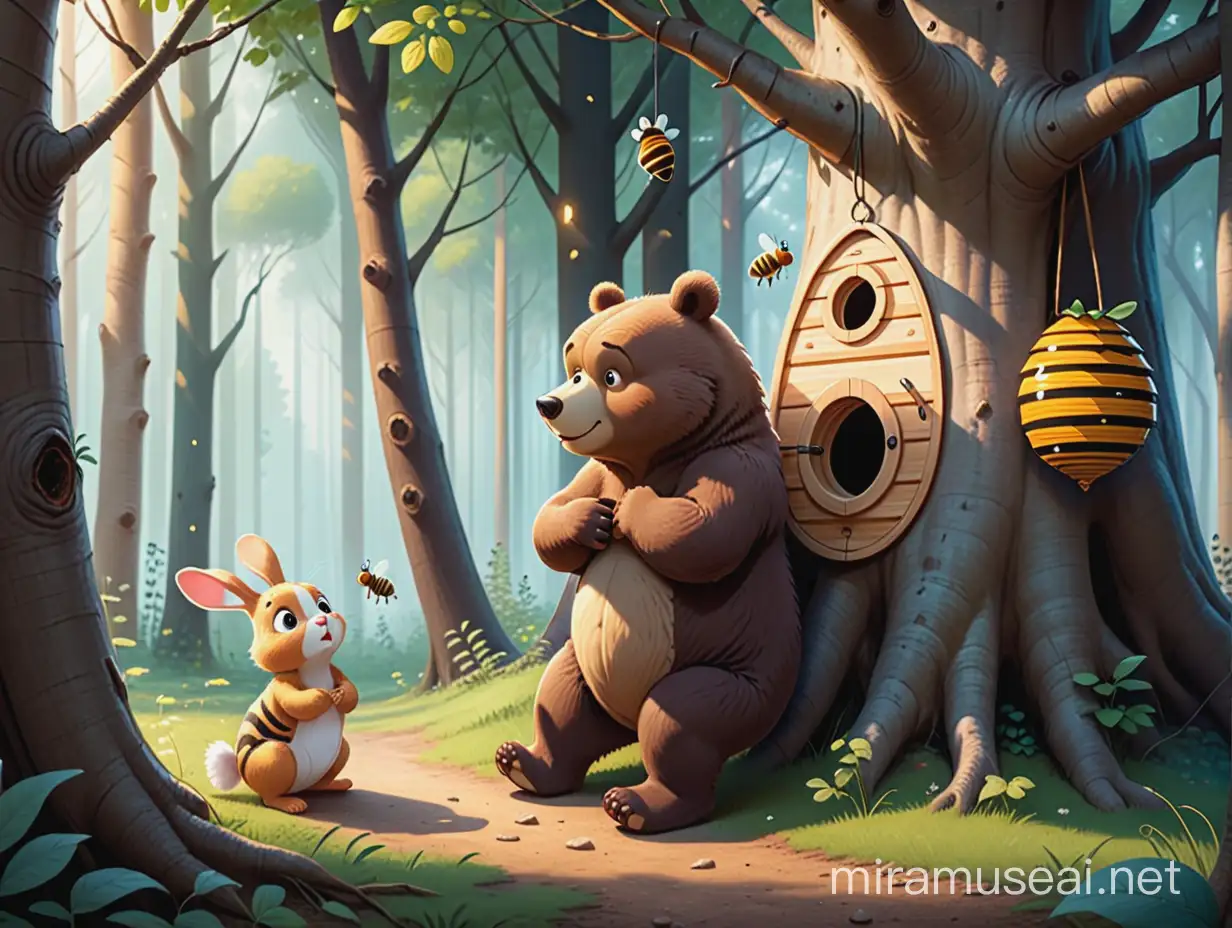children's book illustration cartoon concerned Bear Finds Out Lonely Sad unhappy Baby Rabbit hidden in the Forest under a beehive hanged on tree
