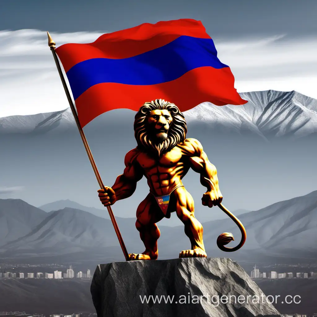 a lion with a human body and muscles, holding in his hand the flag of Armenia with a mountain in the background