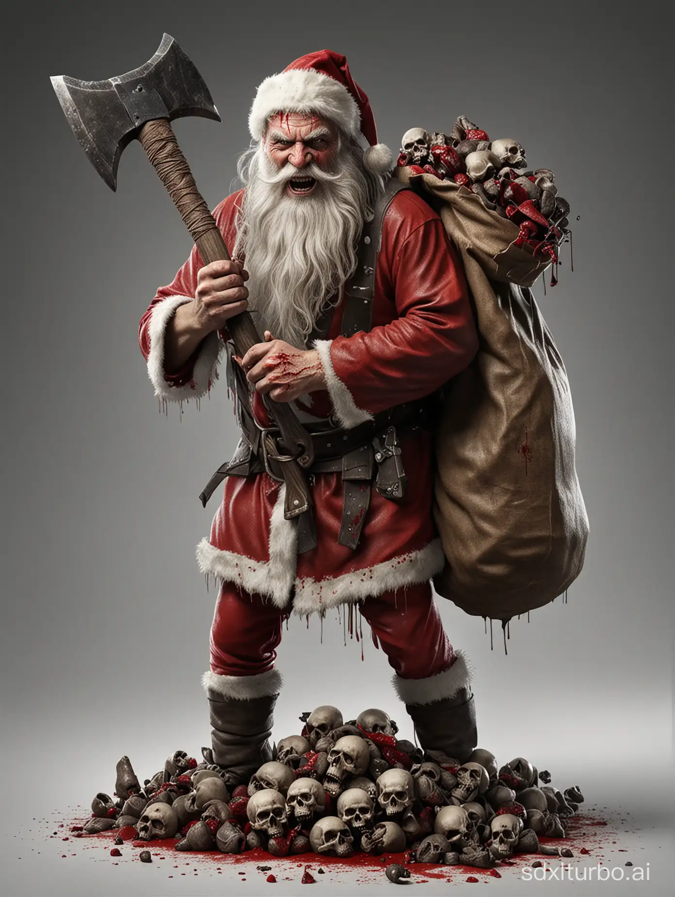 A psychotic evil bloody axe weilding Santa Clause with a sack full of skulls very photo realistic high resolution imaging.