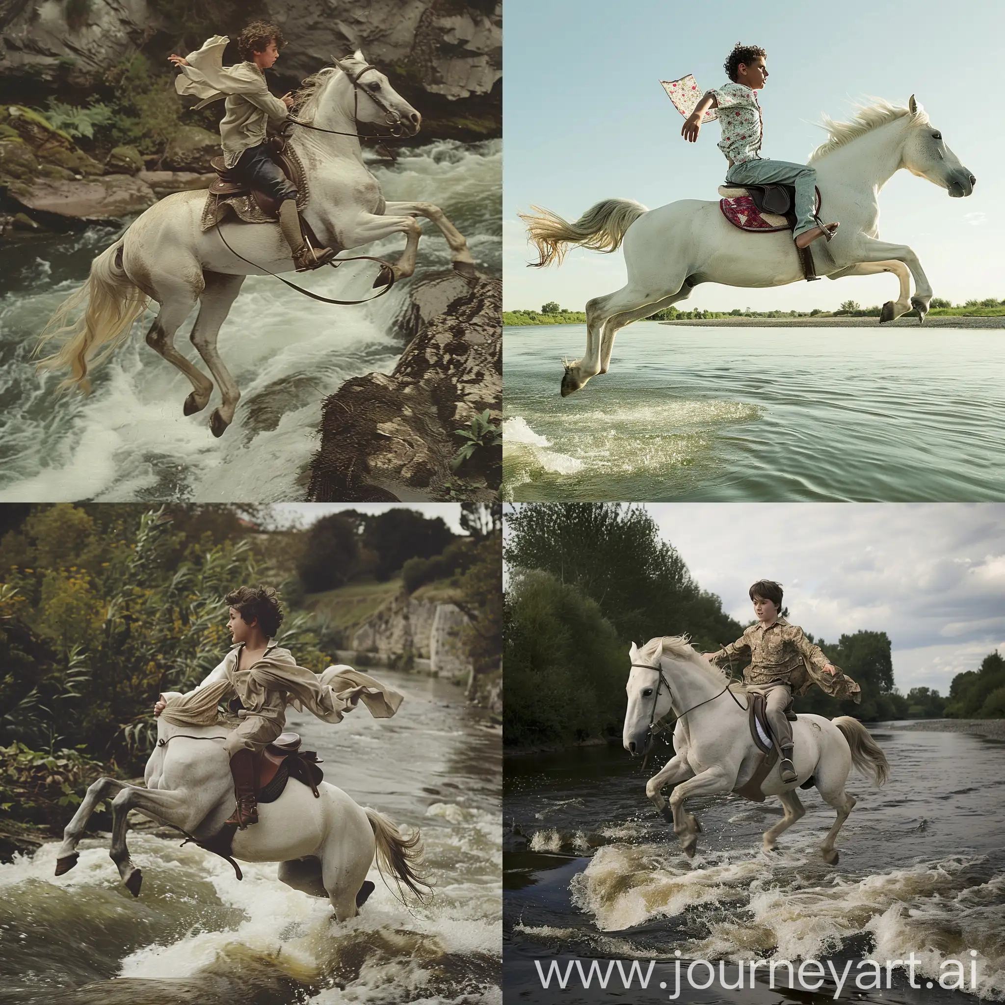 Adventurous-12YearOld-Boy-Riding-White-Horse-Along-Riverbank