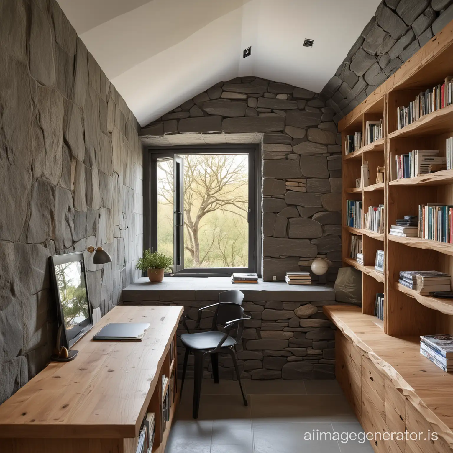 Small office with built-in desk in a basalt stone sea cottage, one tiny window with a built-in seat, high wood ceiling, bookshelves lining a wall, high definition