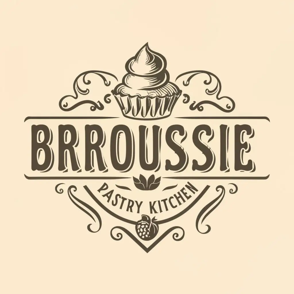 logo, stylized pastry, with the text "BROUSSIE PASTRY KITCHEN", typography