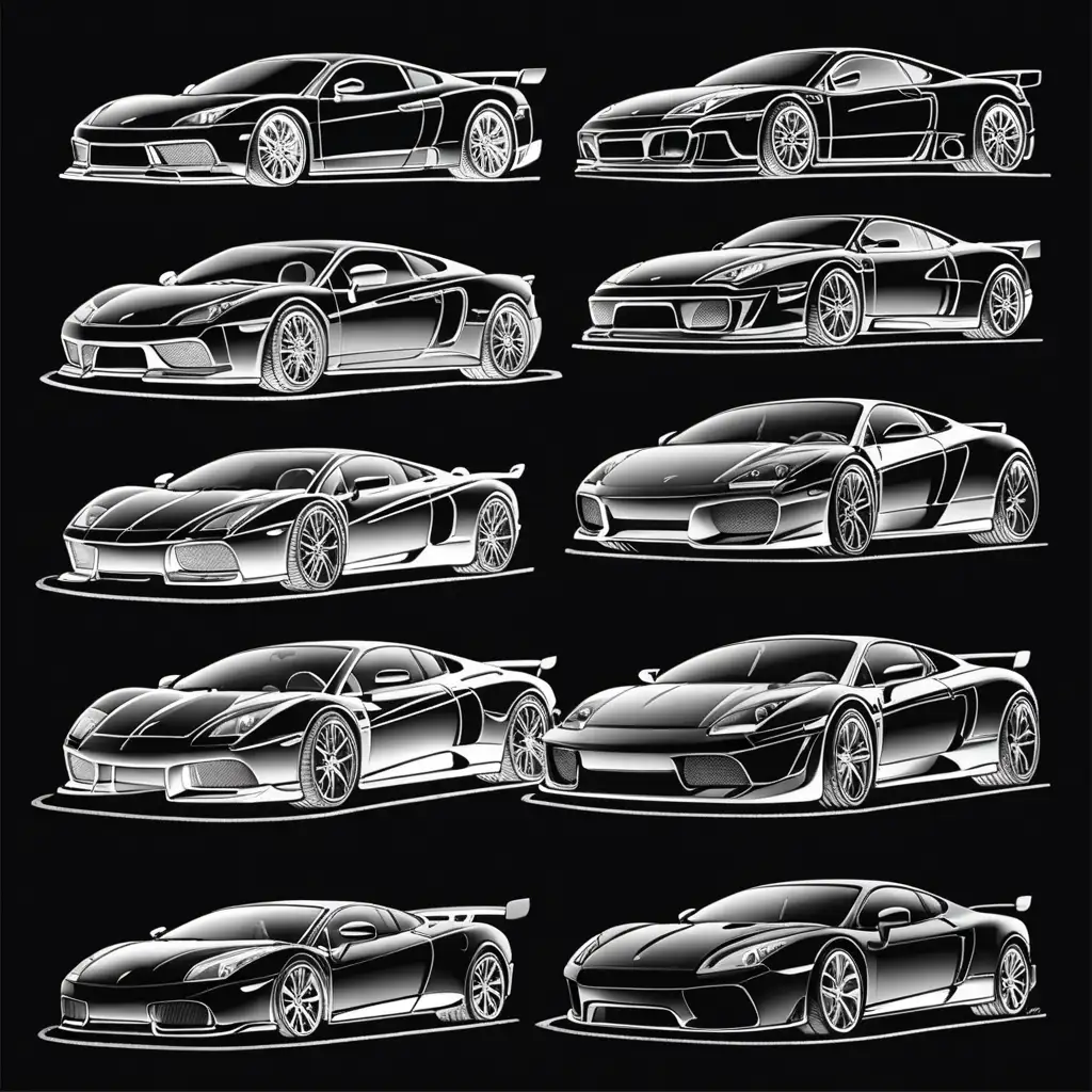 drawing with the outline shade of multiple sport cars from different generations, to fill the page, black background
