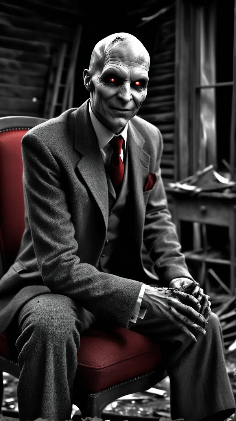 black and white, sin city style, night, a little smiling Lord Voldemort with red eyes, dressed in grey tweed suit and grey tweed cap, black shirt and red necktie, sitting on  red dusty chair, broken furniture of abandoned house on background, hyper-realistic