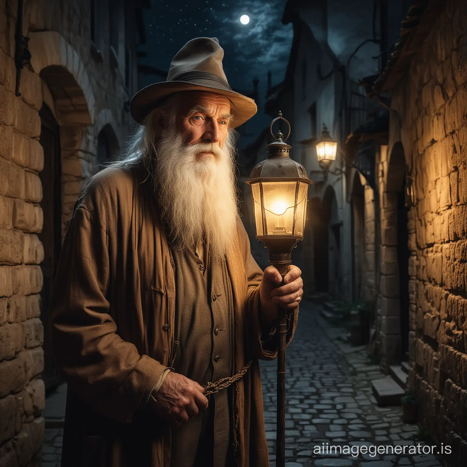 un vieil homme grand, portant un chapeau, avec une longue barbe blanche, tenant dans sa main une vieille lampe allumée dans la nuit, dans une ruelle d'un village médiéval en 1930, image en couleurs 