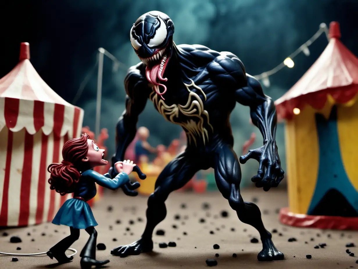 Cinematic Claymation Venom Attacking Carnival with Scared Woman