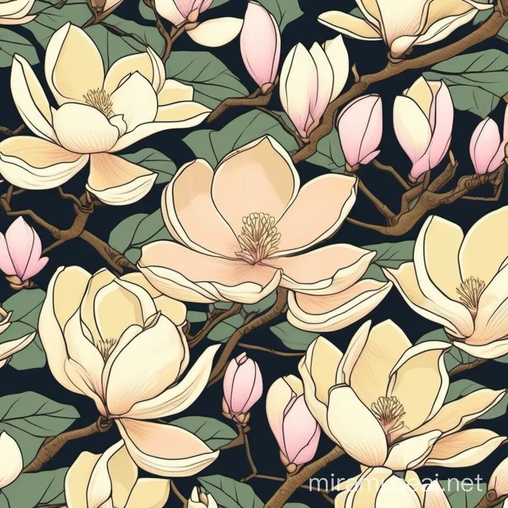 Pale Yellow and Pink Magnolias in Mu Xia Style Illustration