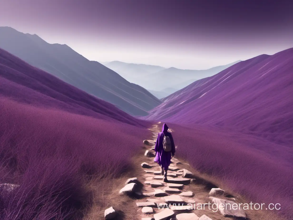 путь в фиолетовых горах и путник идущий по нему в старинных одеждах
