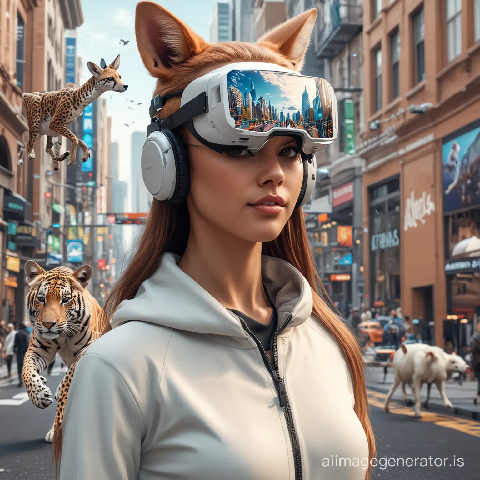 woman wearing 3D metaverse in city, animals, computer
