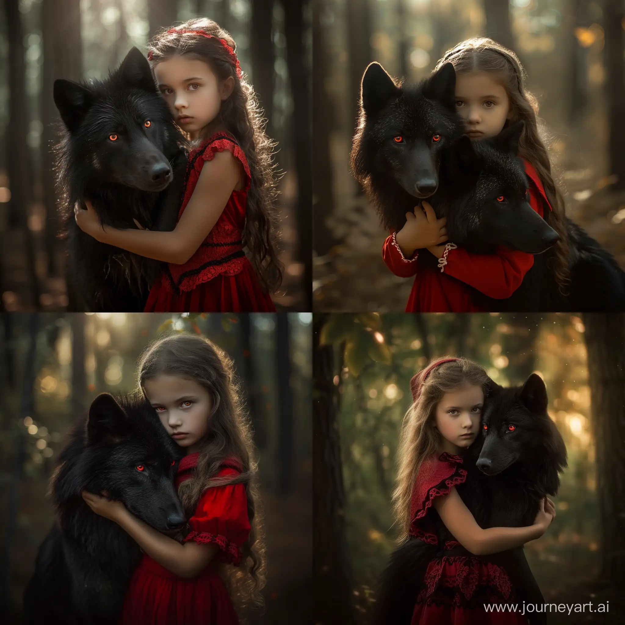 little red riding hood, pretty young girl, holds the black wolf in her arms, forest, light passing through the trees, wolf red eyes, realistic Portrait Photography, high quality photograph, In the style of Luis royo —style raw