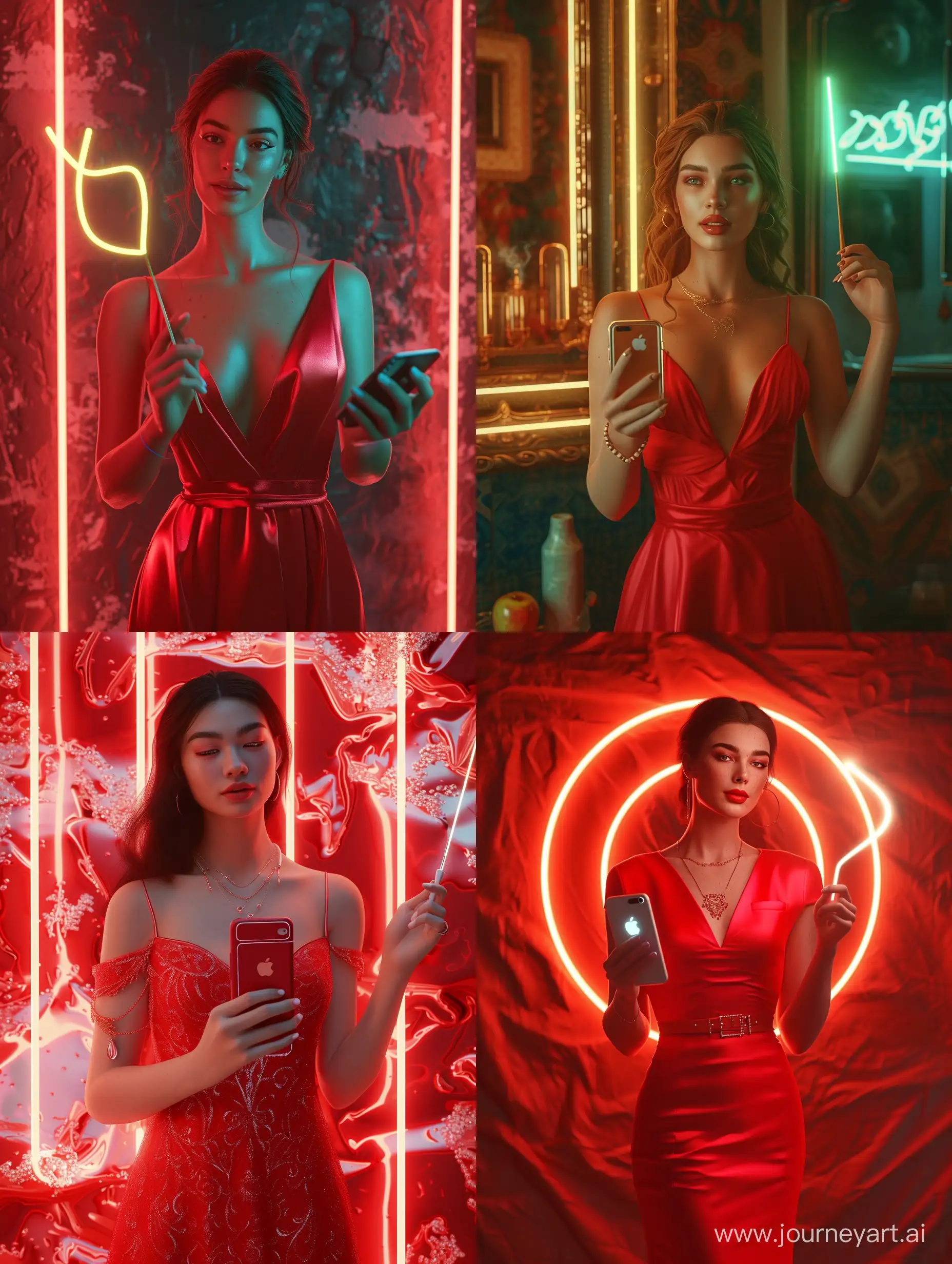 a woman in a red dress holding a cell iphone, a portrait, trending on cg society, digital art, glowing neon vray, holding wand, instagram influencer, with apple