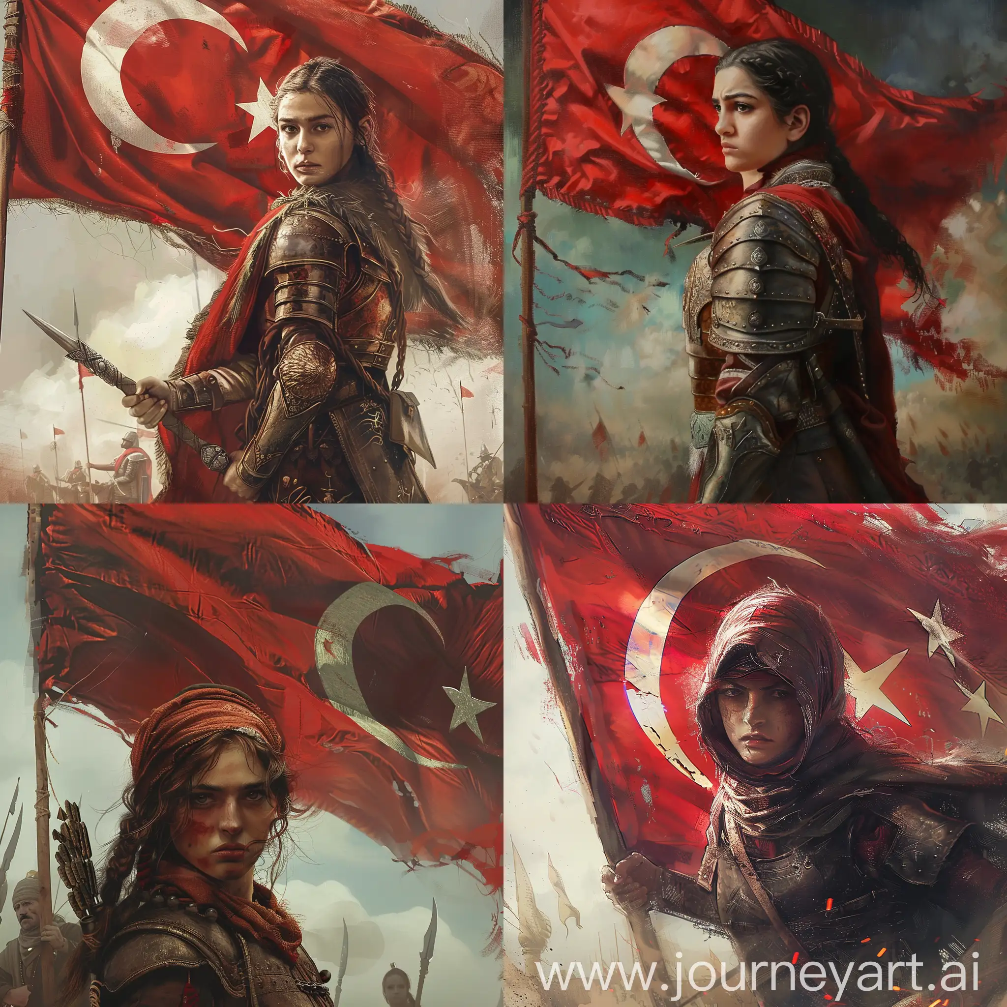 Ottoman warrior , girl realistic , türkish flag