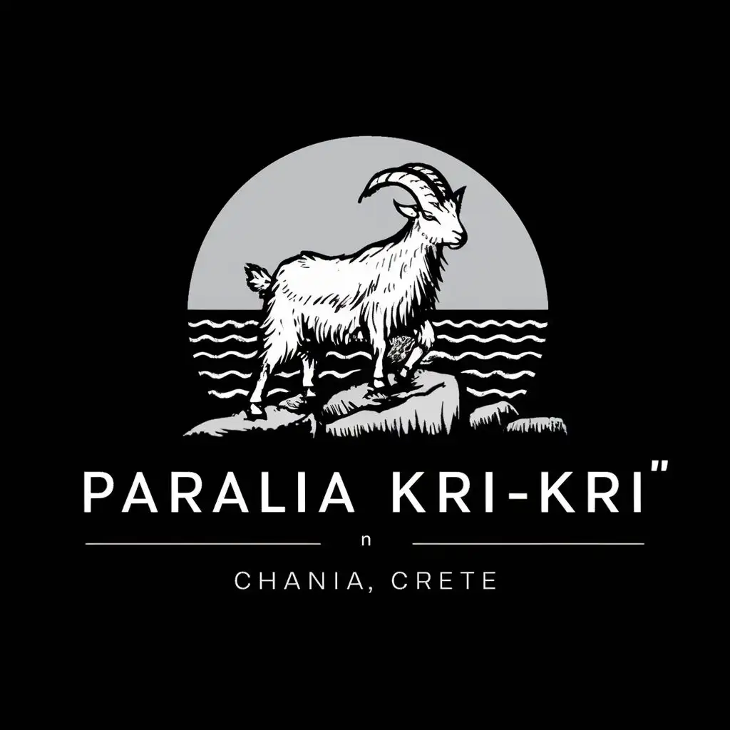 logo, Majestic white mountain goat standing on rocks overlooking ocean waves in Greek style all in black and white, with the text ""Paralia kri-kri" Chania, Crete", typography, be used in Retail industry