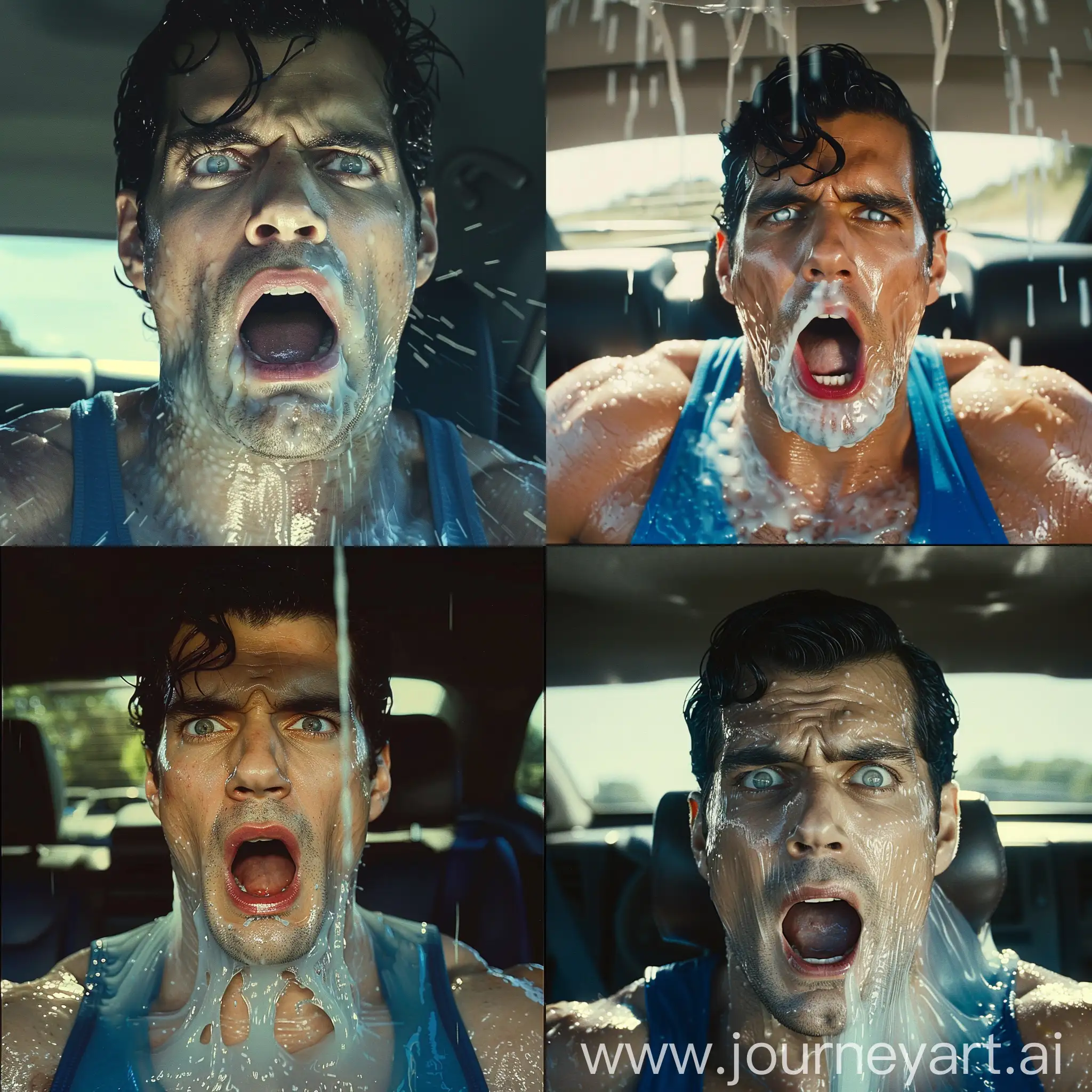 Henry Cavill Inside a car, sweaty glistening skin, with a yawning mouth, gelatinous transparent drool, drooling mouth,, Good looking face of Henry Cavill, wearing a blue tank top, with his eyes white, white slime drool, inside a car, daylightbackground