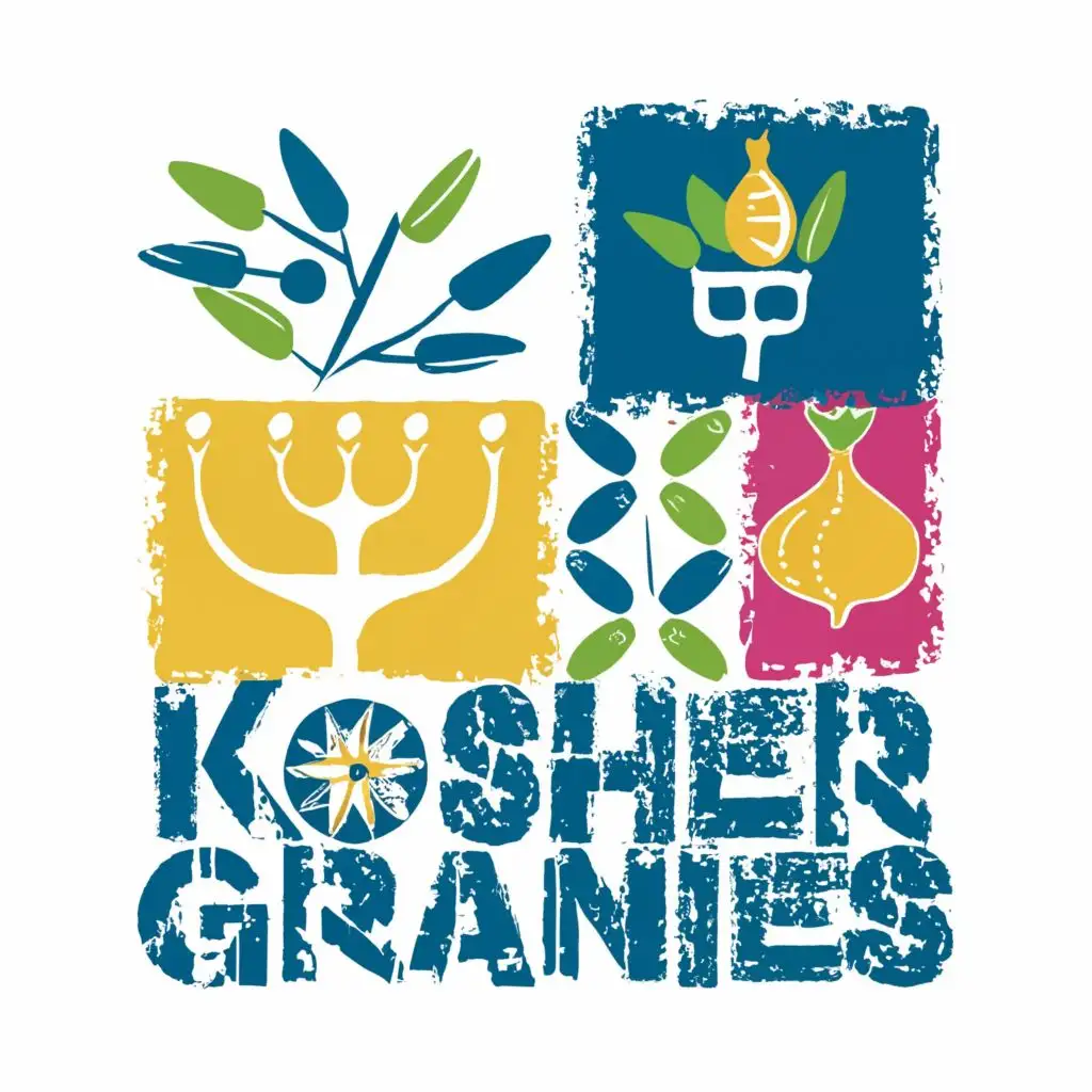 logo, Israel, yellow, blue, white, green, olives fig, pomegranate, Menorah, Paul Klee, with the text "Kosher Grannies", typography, be used in Automotive industry