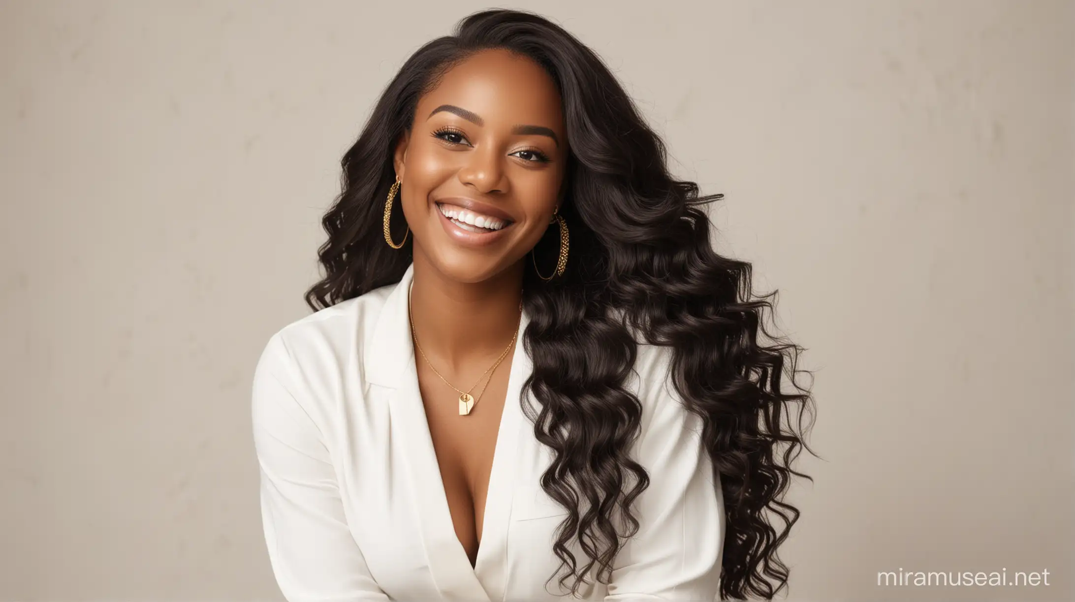 beautiful black woman entrepreneur with long weave branding photoshoot in clean  neutral realistic environment wearing white with gold accessaries smiling and laughing