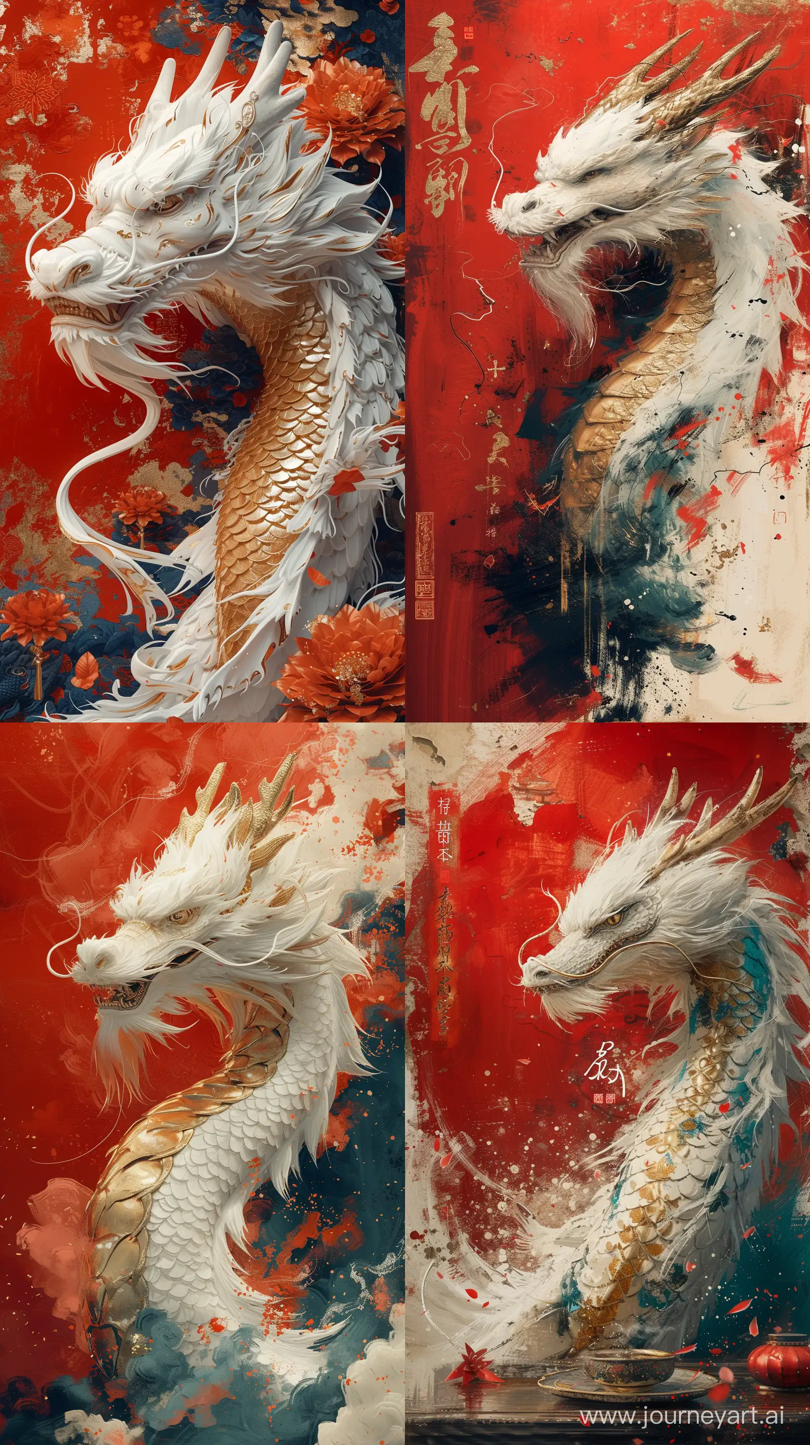 a coloful painting of a white Chinese dragon,Chinese Spring Festival, red festive background, dragon body golden , close-up,chinese brush painting style, --ar 9:16 --stylize 750 --v 6.0 --v 6 --ar 1:1 --no 41296