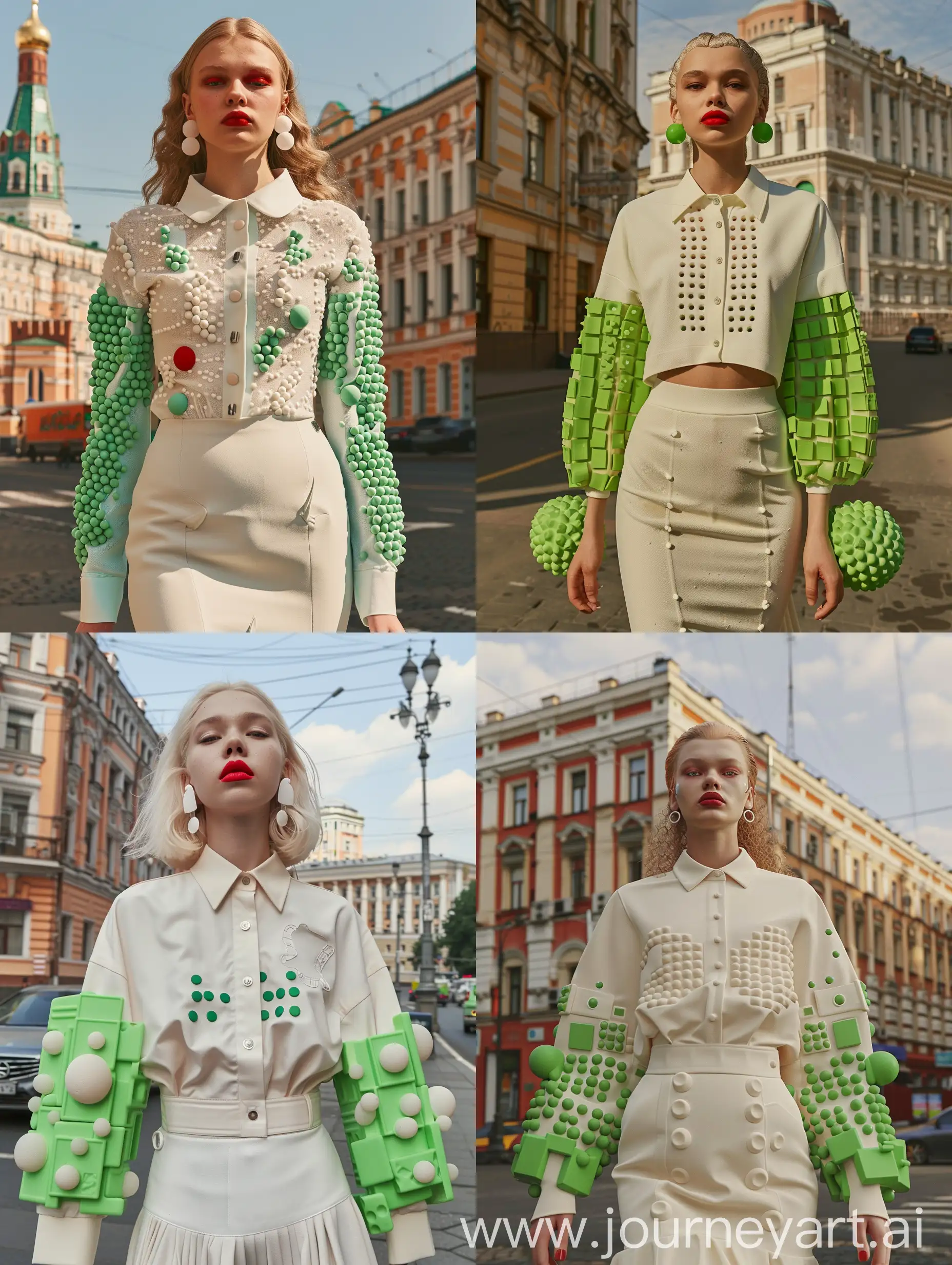 Woman-with-Bordeaux-Hair-and-Matte-Red-Lips-Strolling-Moscow-Streets-in-Dotted-White-Shirt-and-SquarePatterned-Skirt