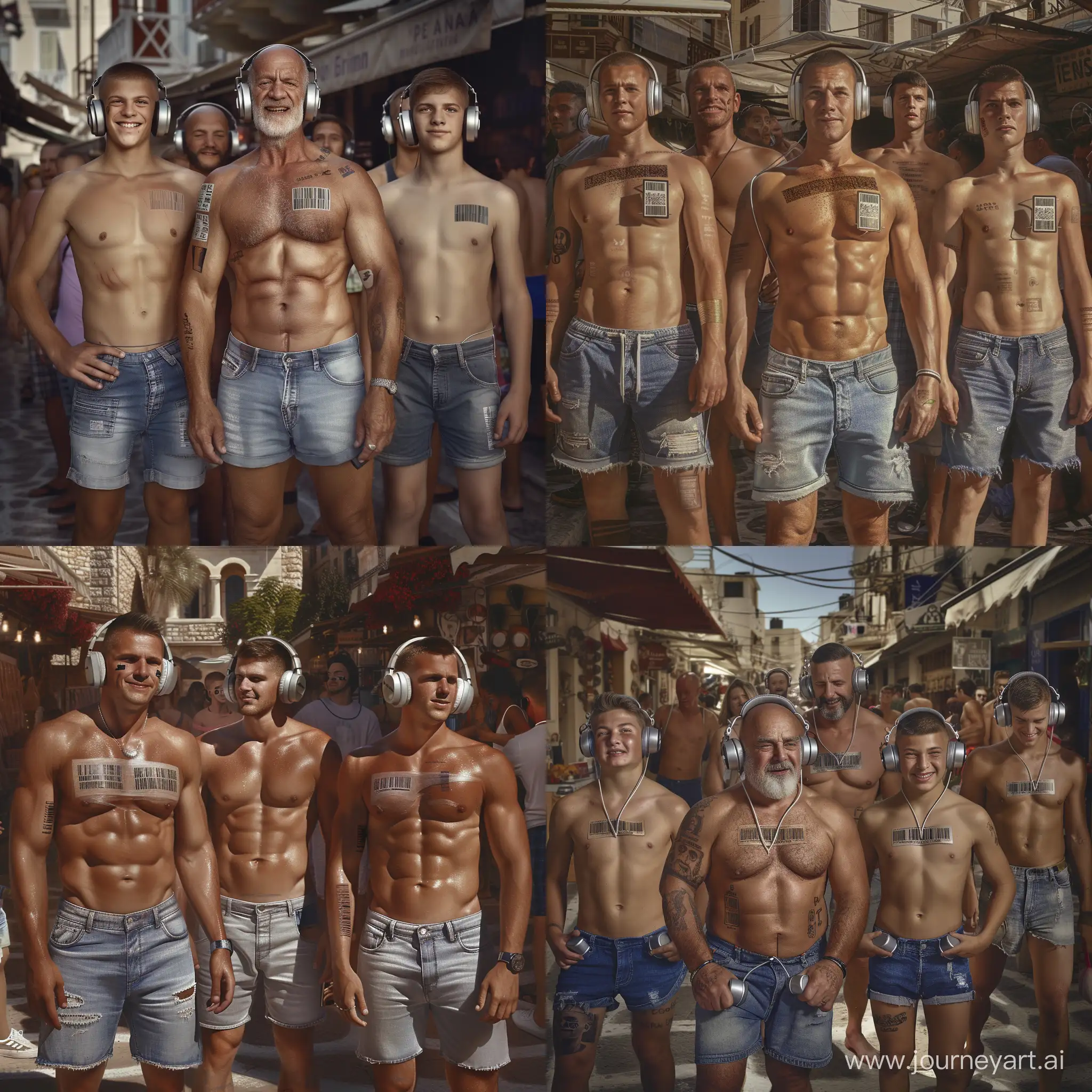 Handsome muscular middle-aged men and handsome muscular college-age boys each wear silver headphones and fitted denim cutoff shorts, dazed smiles, small barcode tattooed on each man's chest, Greek street market setting, facing the viewer, mass indoctrination, hyperrealistic, cinematic