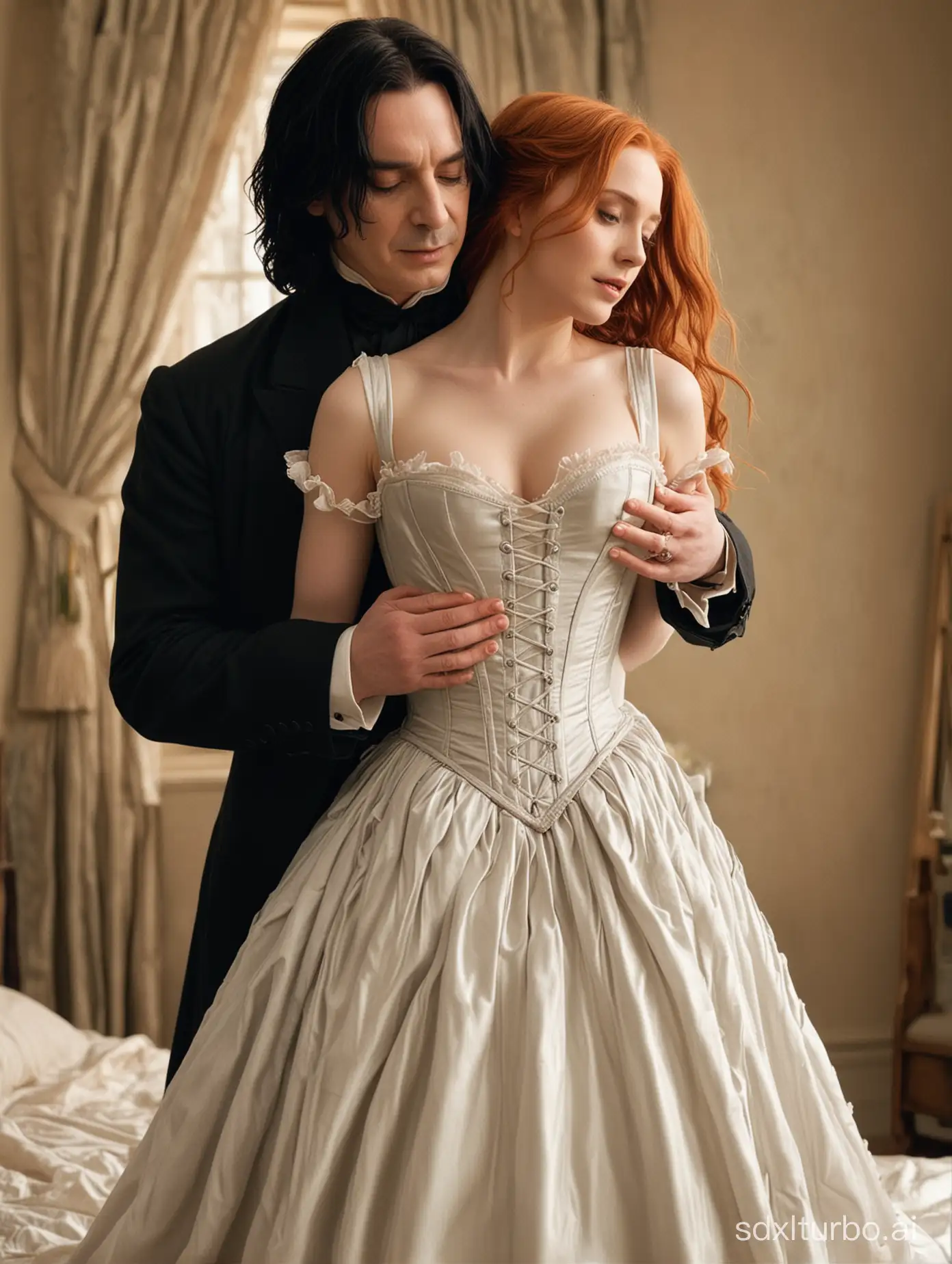 Severus Snape,24, embracing Lily Evans, 23, in his bedroom, his hands pulling her dress off her shoulders, the ribbons of her corset hand loose at her hips