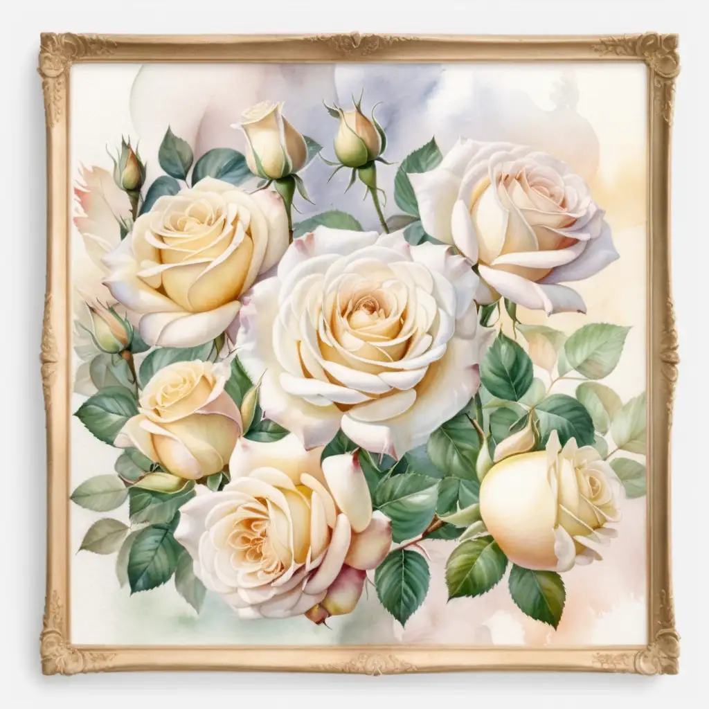 Elegant White Roses Frame in Soft Watercolor Palette