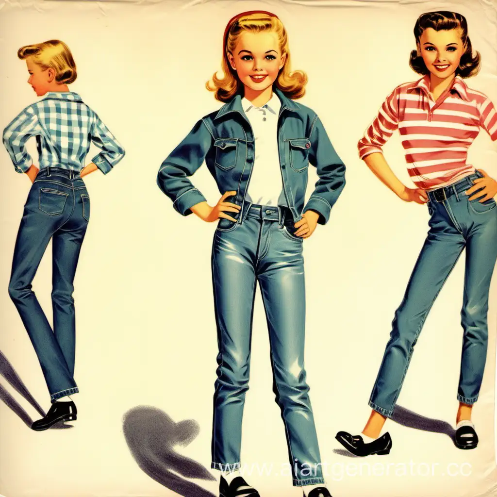 50,s illustration cover art,  cute tween in tight jeans