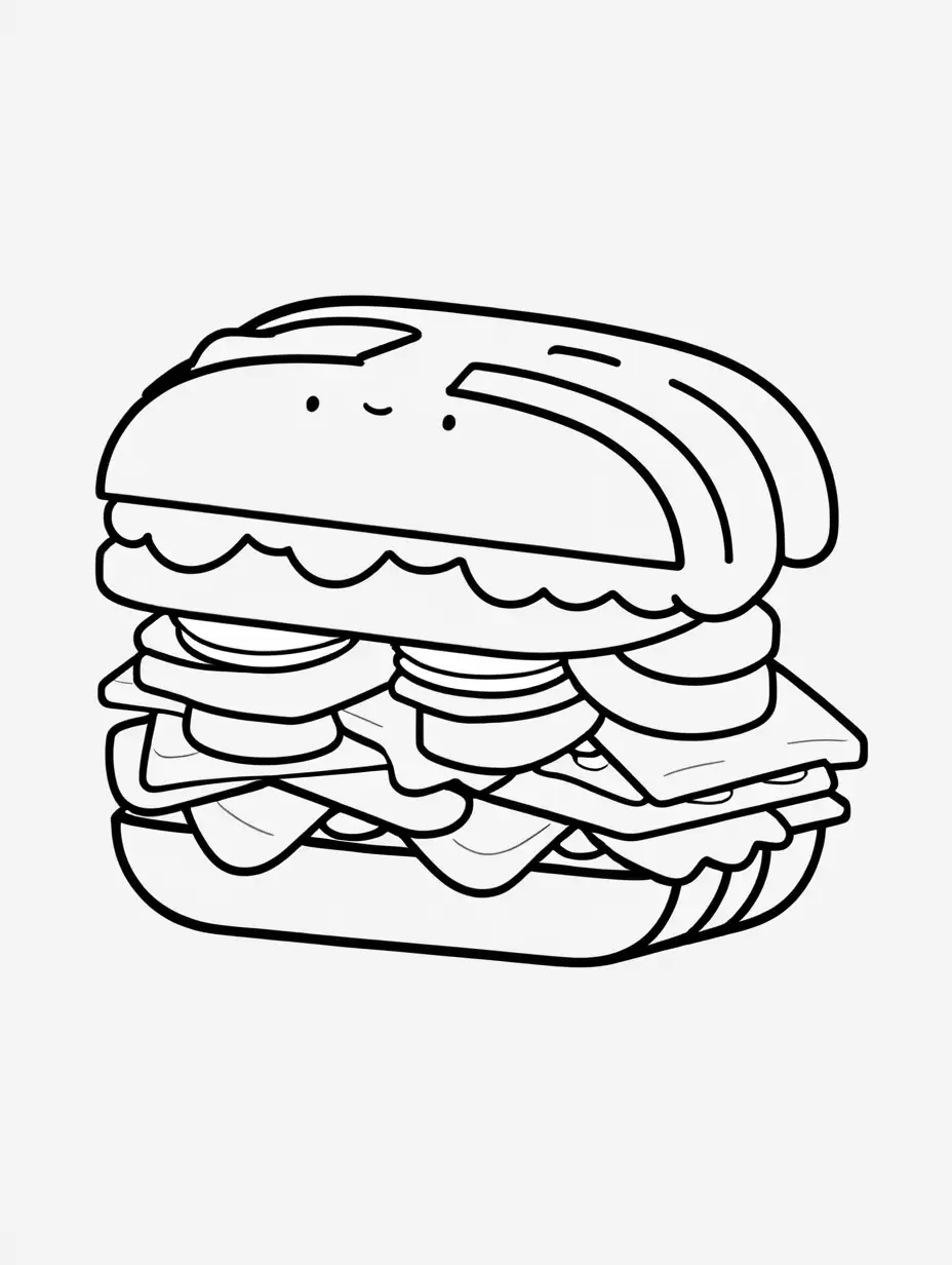 coloring book, cartoon drawing, clean black and white, single line, white background, cute sandwich, emojis