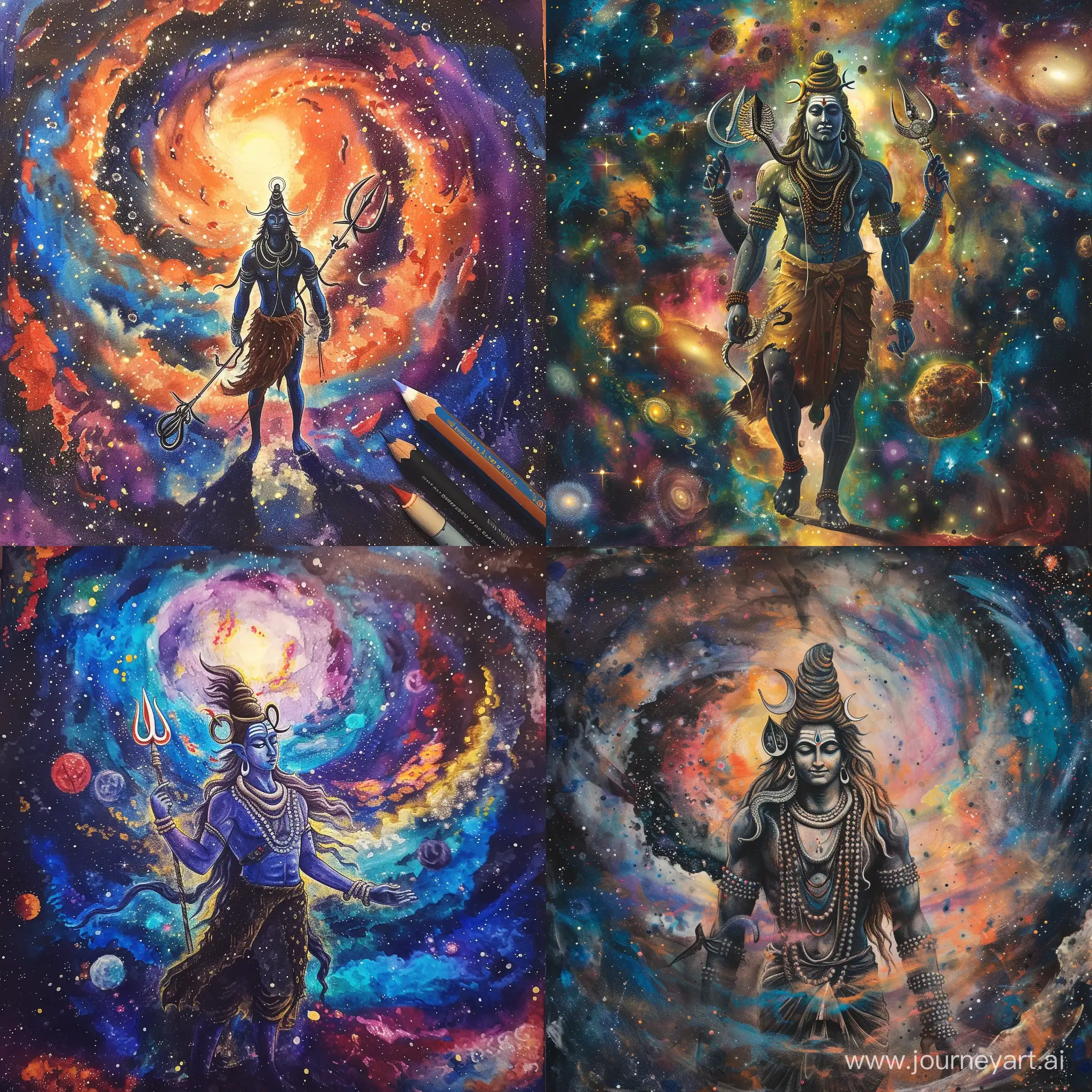 unrealistic imagination of Shiva standing in the cosmos full of vivid galaxies with their trishul and don't draw face