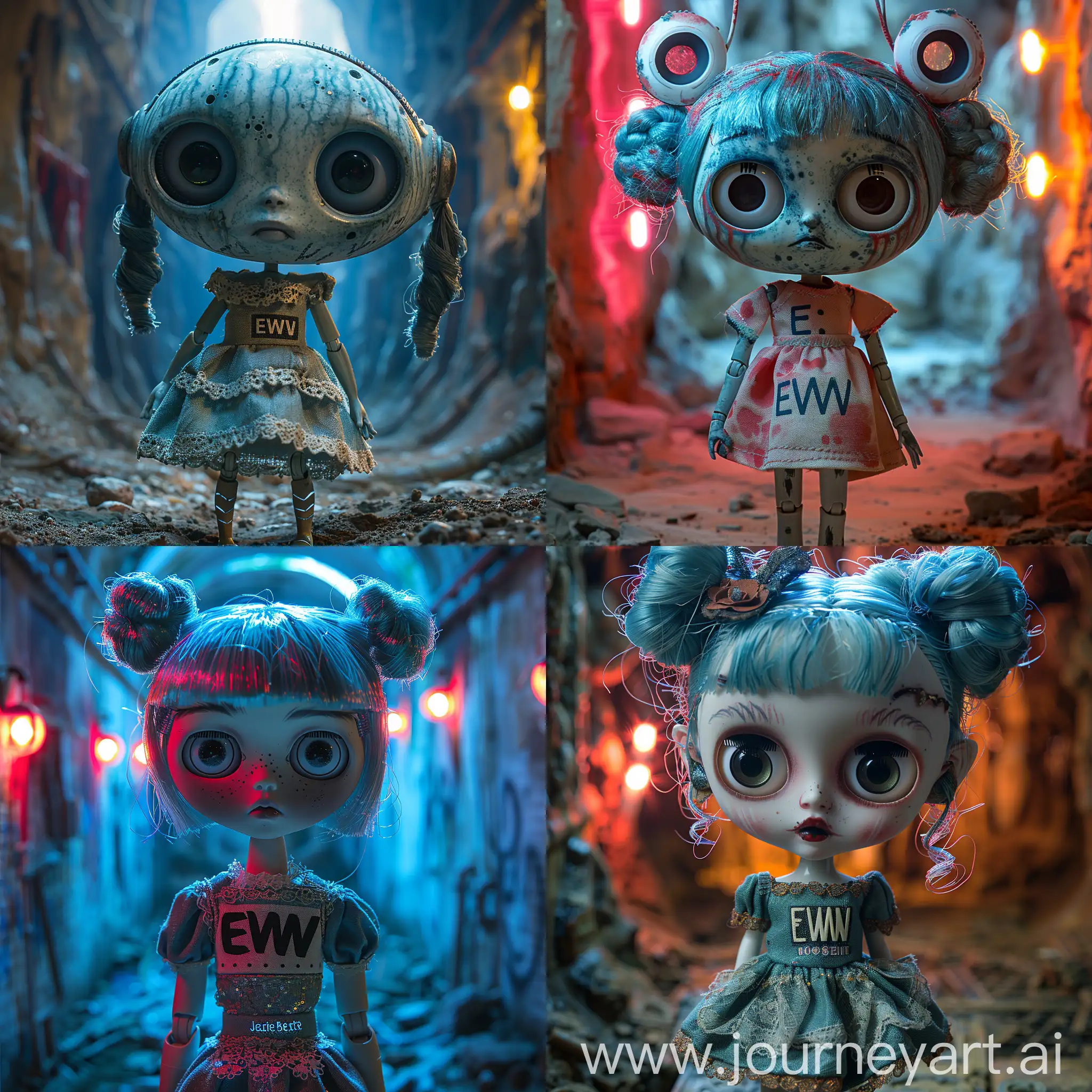 Prompt/Imagine: a fantasy doll, big eyes, big head, with a dress with the inscription "EWW", in a Dungeon, scarry scenary, mysterious Jasmine-Becket Griffith, Jean Baptiste Monge, Anton Semenov, Darkest Dungeon, Neon-Lit, Mysteriousvermillion and blue, beautiful light, --stylize 700 --style raw --v 6