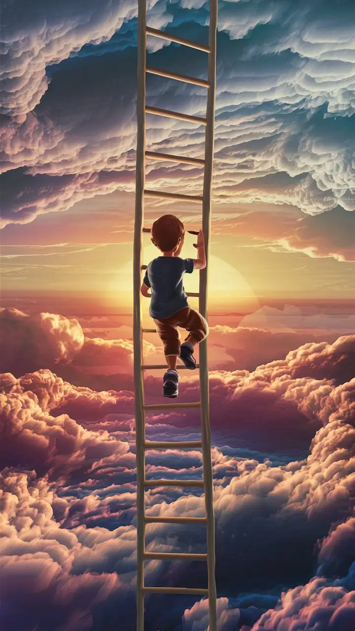 Create a 3D illustrator of an animated scene where a young boy is climbing up a ladder which has no end to reach. The ladder is hanging in the sky. This image should replicate meaningless goals in our life. Beautiful, and spirited background illustrations.