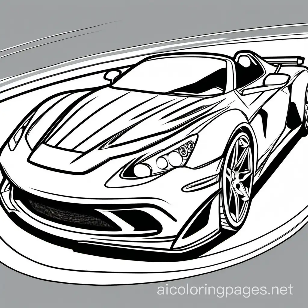 sports cars, Coloring Page, black and white, line art, white background, Simplicity, Ample White Space. The background of the coloring page is plain white to make it easy for young children to color within the lines. The outlines of all the subjects are easy to distinguish, making it simple for kids to color without too much difficulty