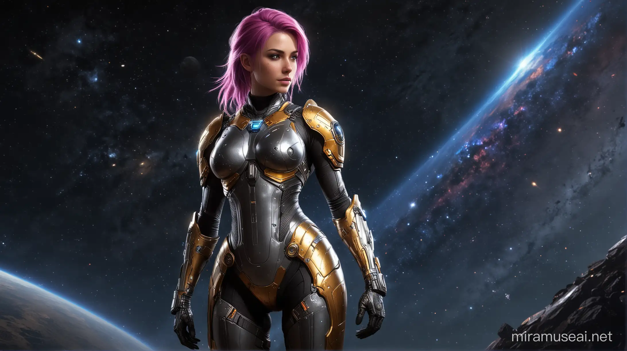 Brave Knight with Rainbow Hair in Cosmic Combat Gear