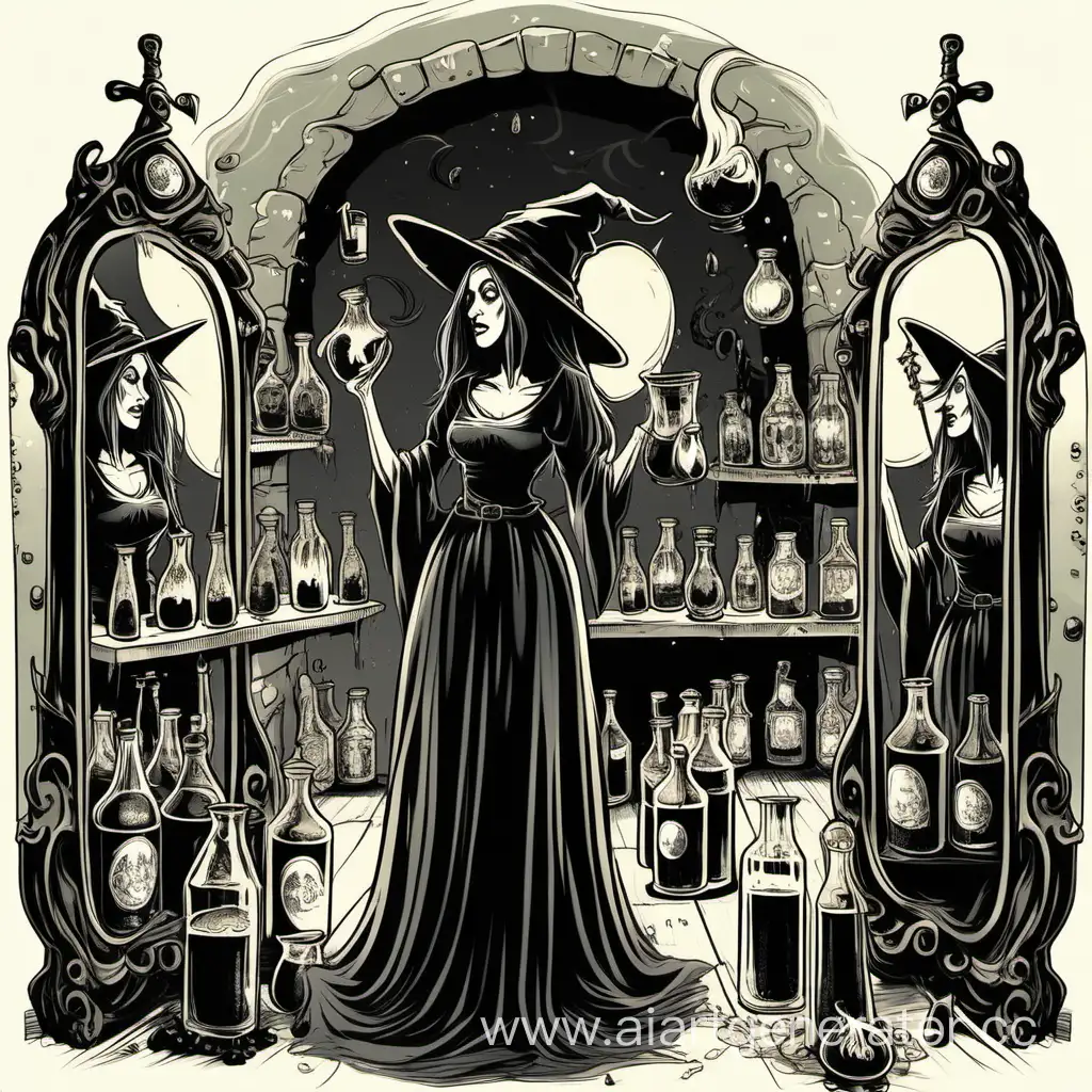 Ведьма стоить на против зеркал и варит зелье