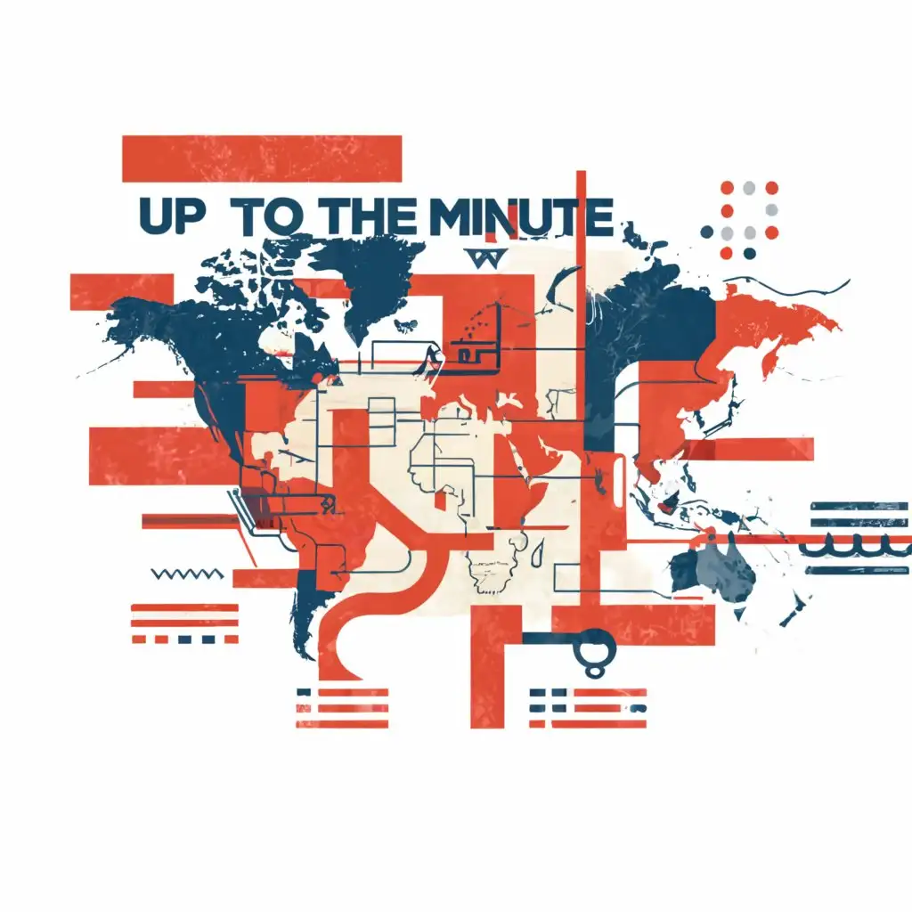 a logo design, with the text 'Up to the Minute News', main symbol: World Map covering entire screen, banner, 2048 x 1152 pixels, text on world map, Moderate, clear background, red and blue